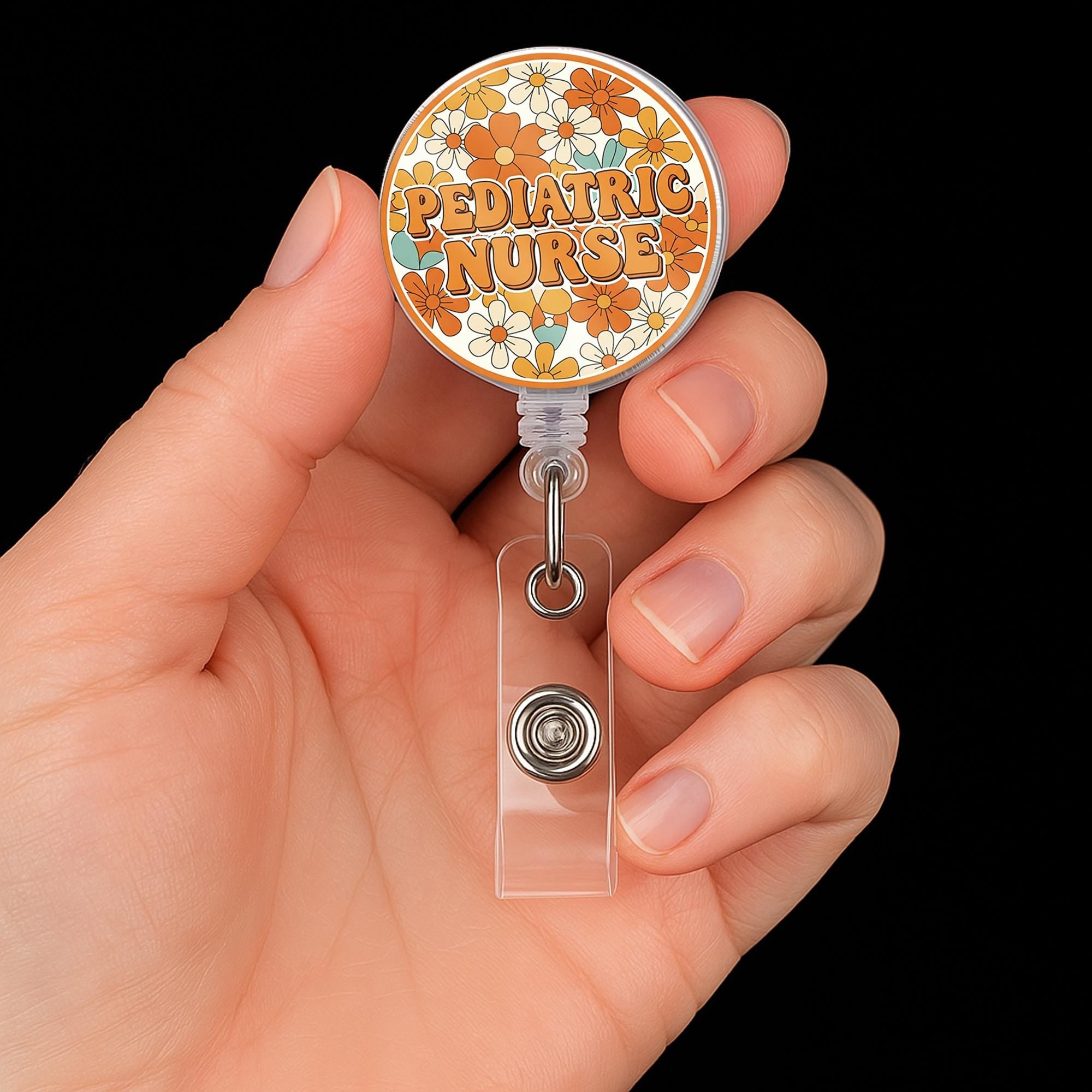 Retro Floral Pediatric Nurse Badge Reel, Groovy Peds RN ID Holder, Cute Nursing Gift, Retractable Name Tag, Flower Power Nurse Accessory