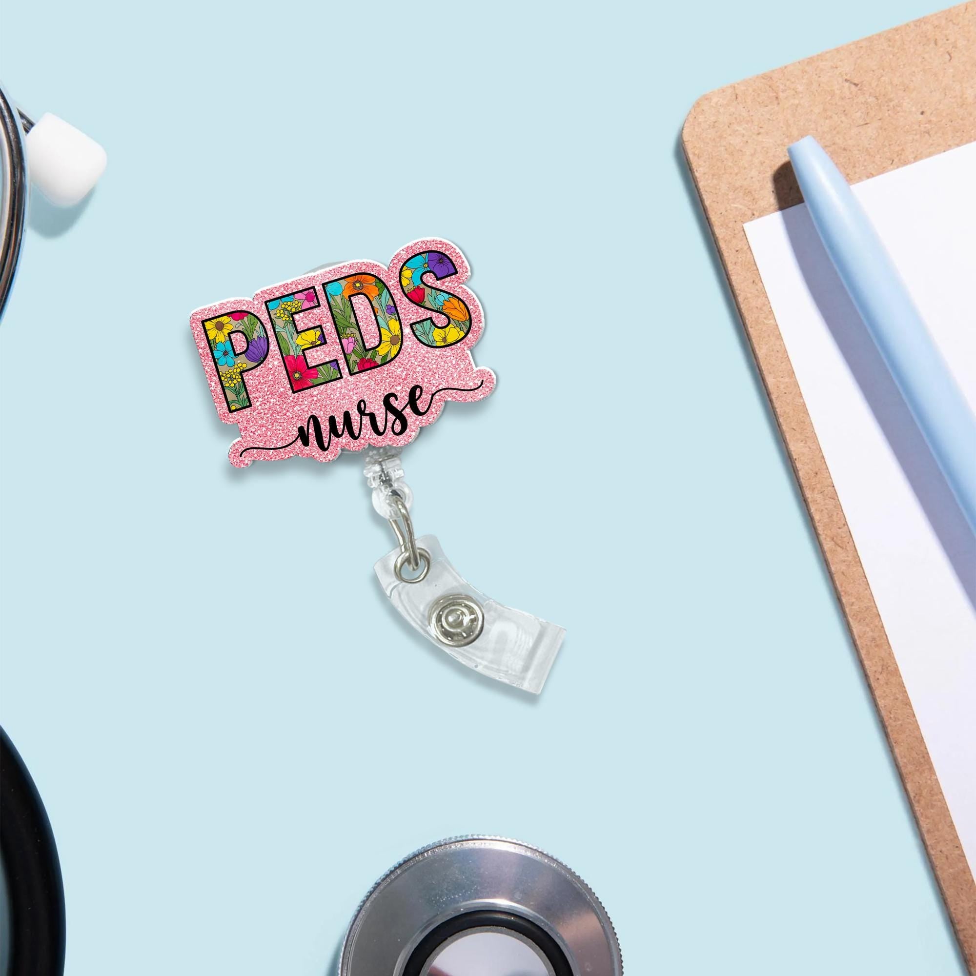 Floral PEDS Nurse Badge Reel, Pediatric Nurse Retractable ID Holder, Colorful Flower Nurse Appreciation Gift, Hospital Staff Accessory