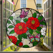 Vibrant Red Camellia Butterfly Glass Style Suncatcher, Round Floral Window Hanging, Unique Nature Inspired Home & Garden Decor, AL Flower