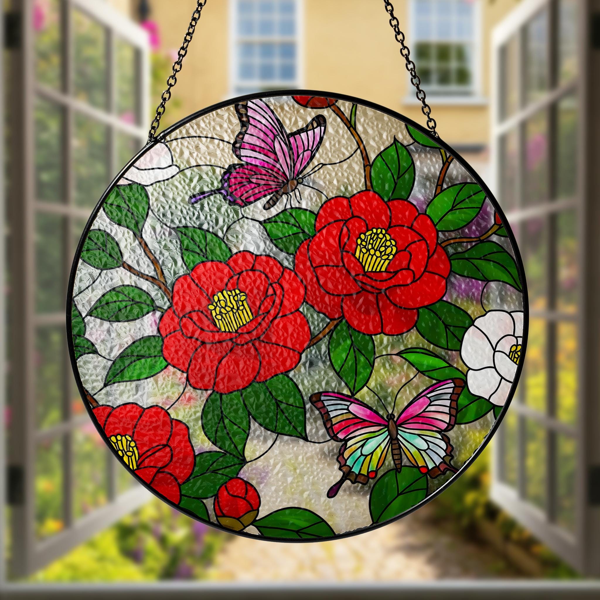 Vibrant Red Camellia Butterfly Glass Style Suncatcher, Round Floral Window Hanging, Unique Nature Inspired Home & Garden Decor, AL Flower