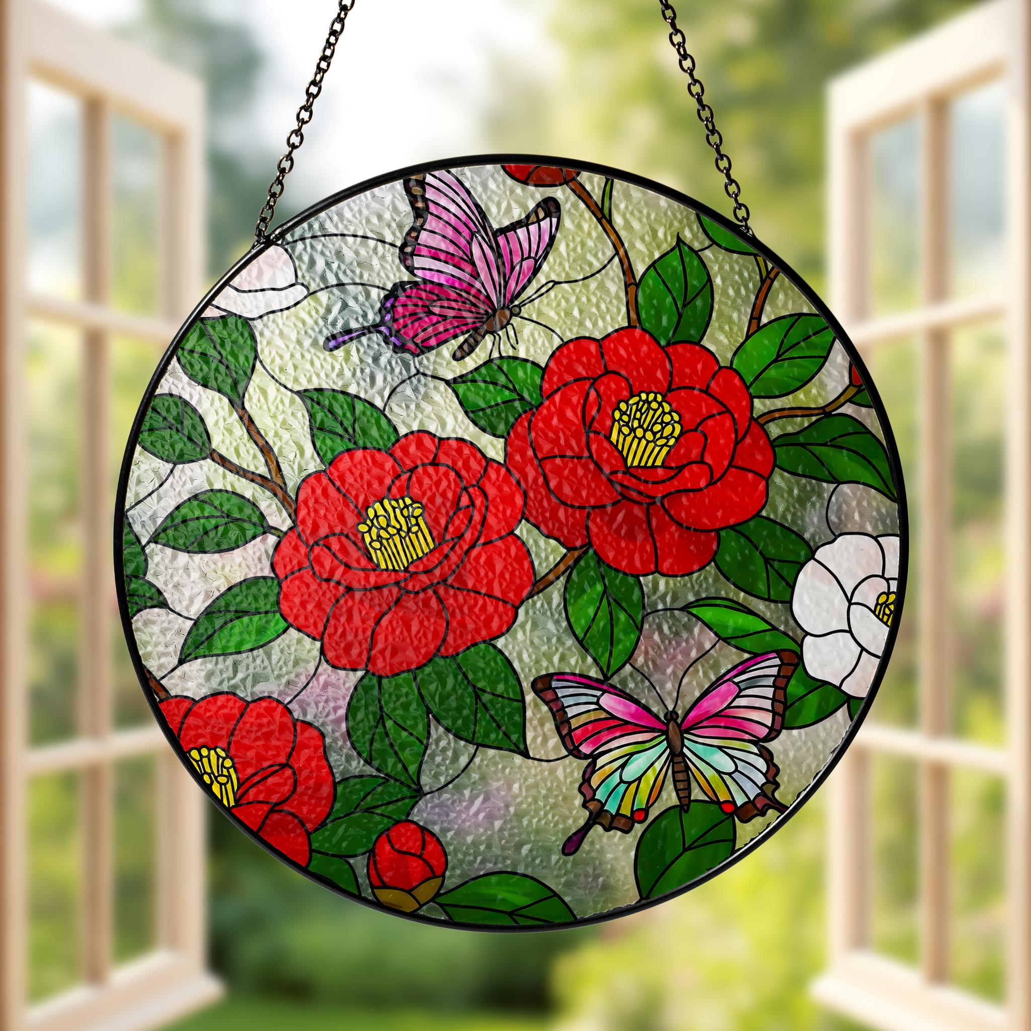 Vibrant Red Camellia Butterfly Glass Style Suncatcher, Round Floral Window Hanging, Unique Nature Inspired Home & Garden Decor, AL Flower