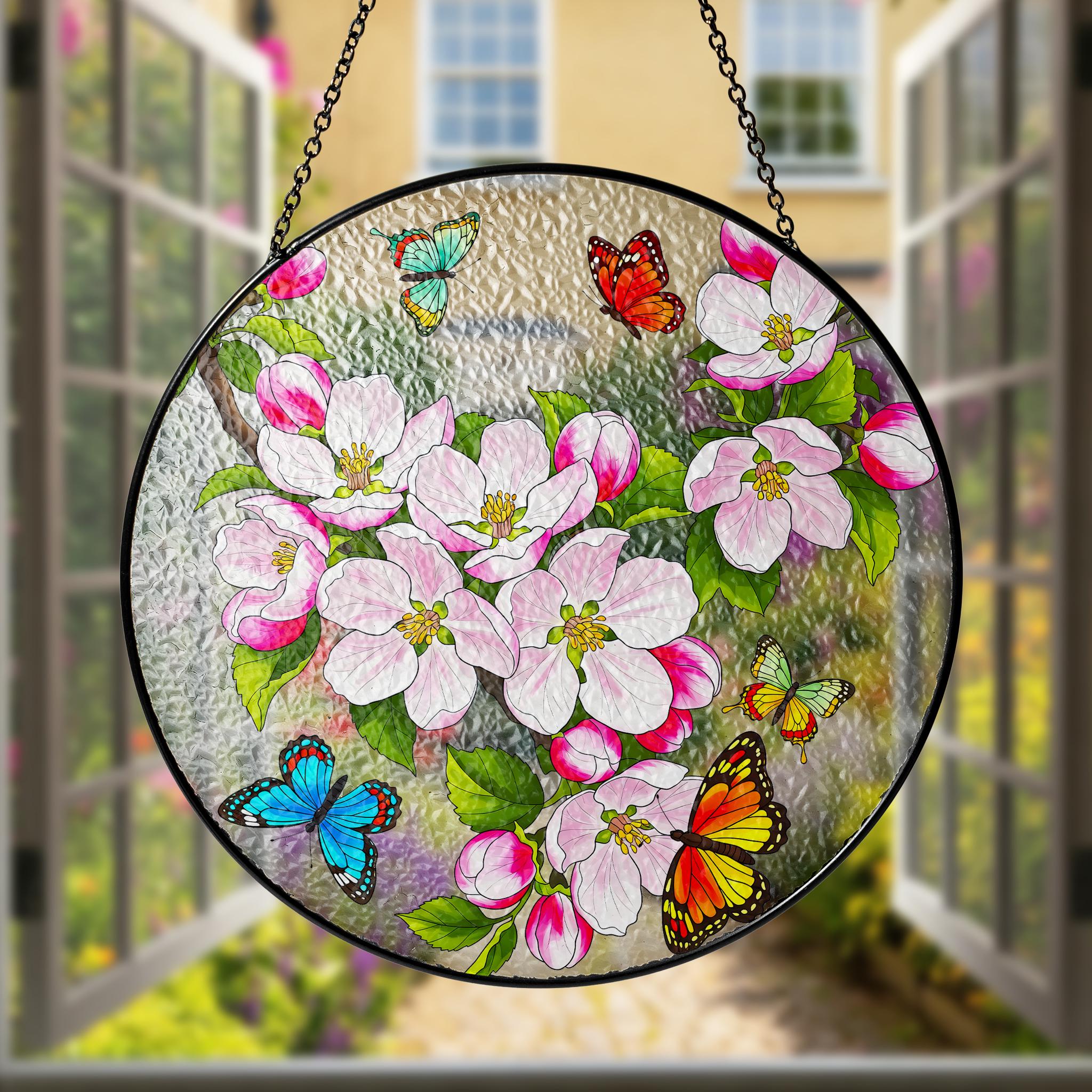 Apple Blossom Glass Suncatcher, Butterfly Floral Window Hanging, Spring Home Decor, Nature Inspired Art, Mothers Day Gift, Arkansas Flower