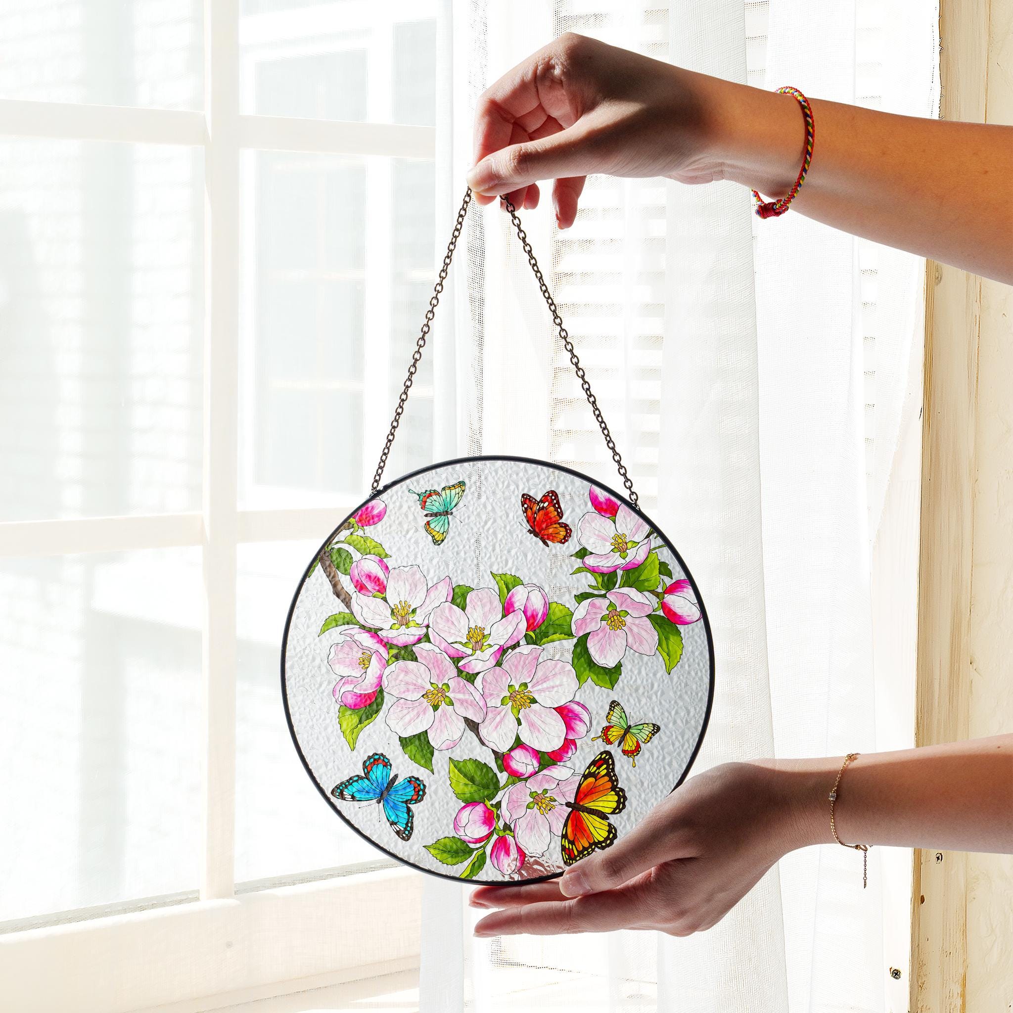Apple Blossom Glass Suncatcher, Butterfly Floral Window Hanging, Spring Home Decor, Nature Inspired Art, Mothers Day Gift, Arkansas Flower