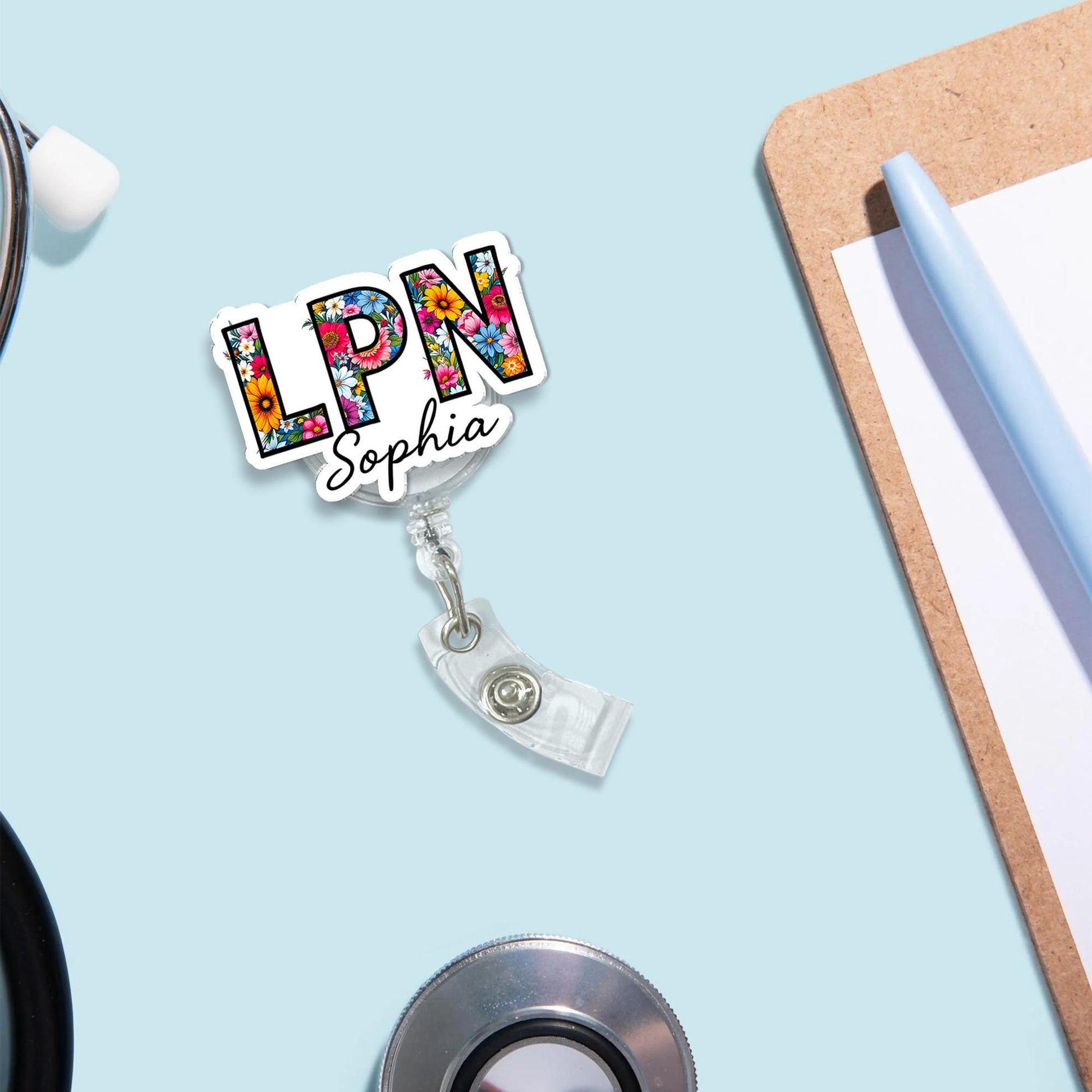 Personalized LPN Badge Reel, Custom Floral Nurse ID Holder, Cute Retractable Name Tag for Licensed Practical Nurse, Work Name Badge