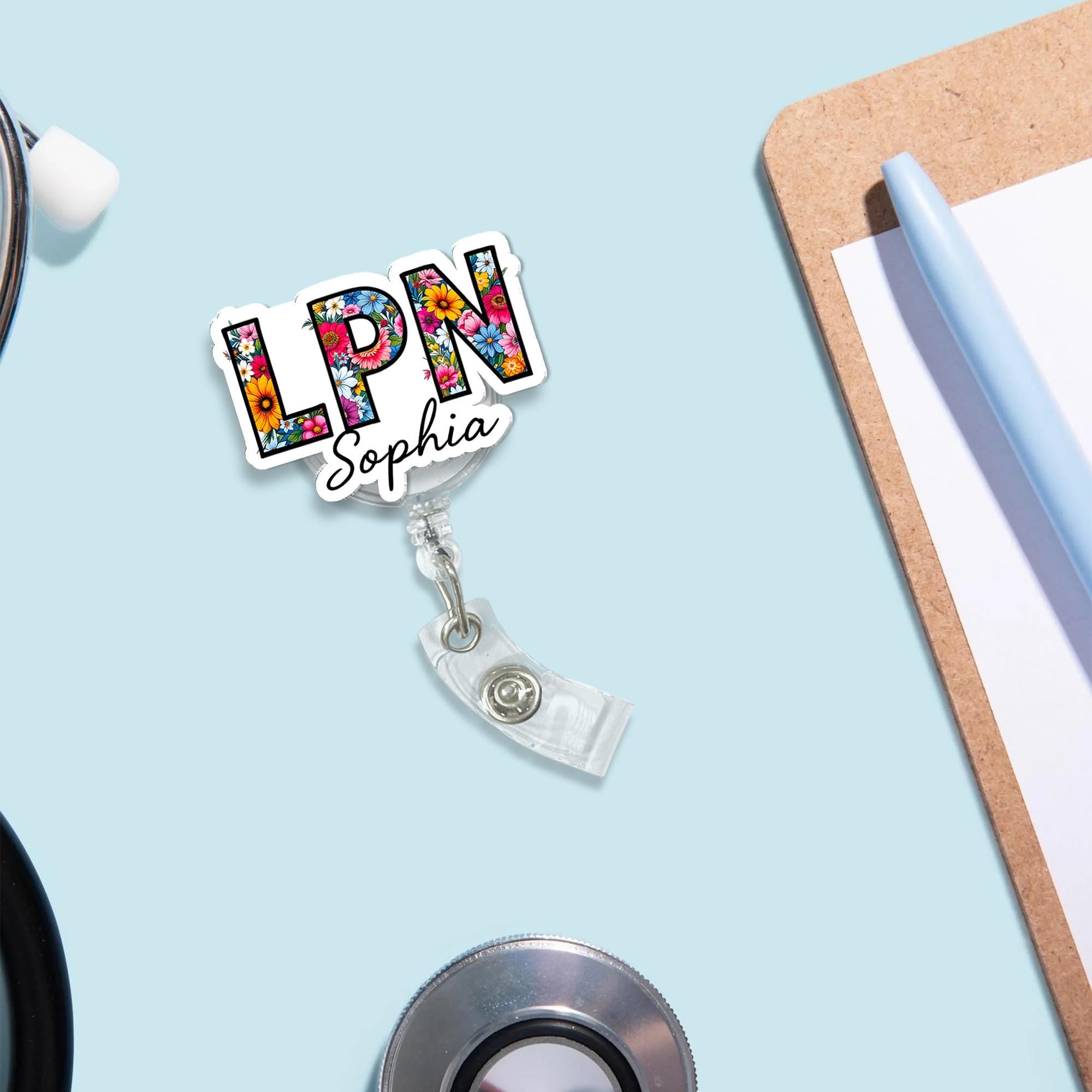 Personalized LPN Badge Reel, Custom Floral Nurse ID Holder, Cute Retractable Name Tag for Licensed Practical Nurse, Work Name Badge