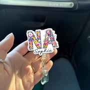 Personalized NA Badge Reel, Custom Name Floral Nursing Assistant ID Holder, Retractable Badge Clip, Nurse Gift, Medical Staff Accessory