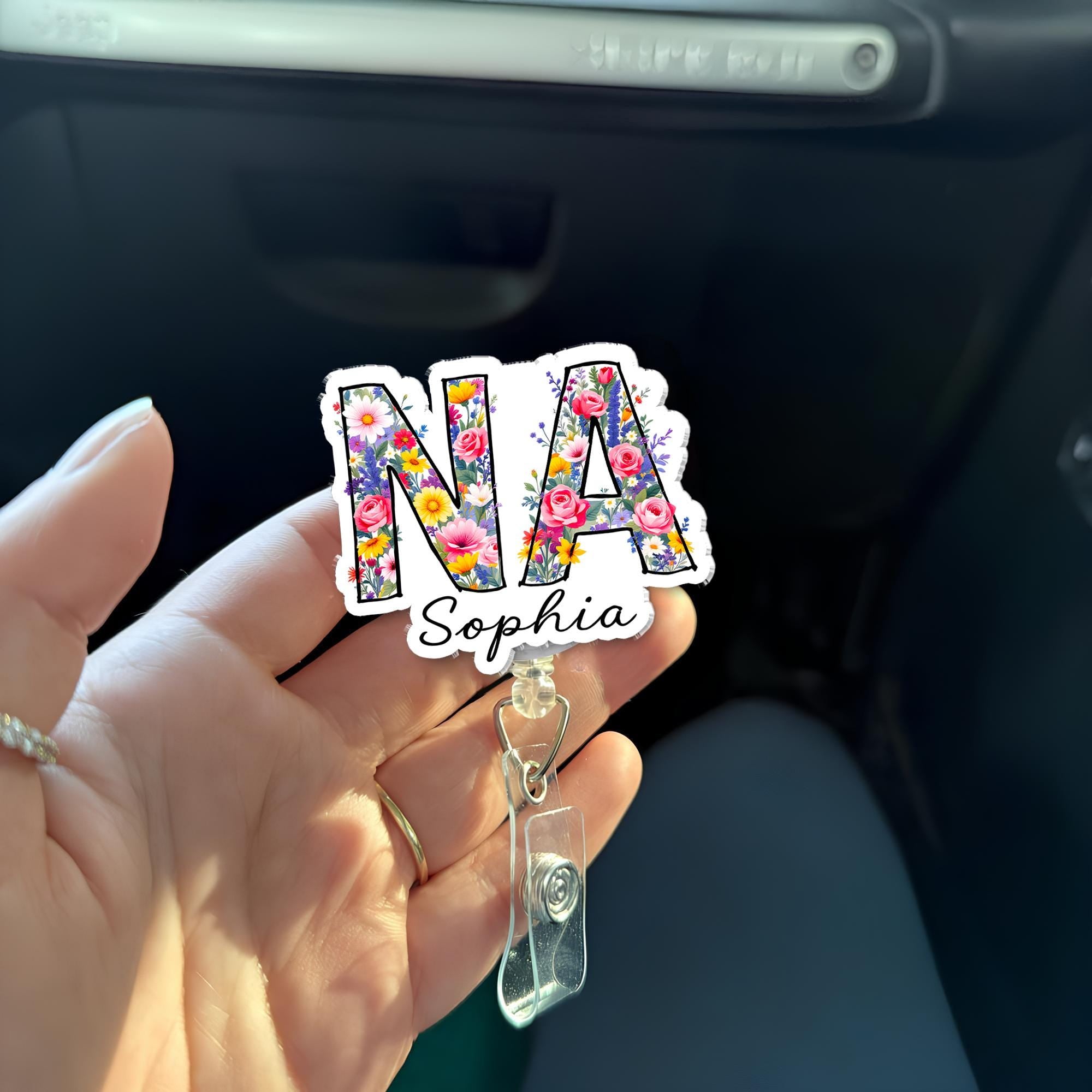 Personalized NA Badge Reel, Custom Name Floral Nursing Assistant ID Holder, Retractable Badge Clip, Nurse Gift, Medical Staff Accessory