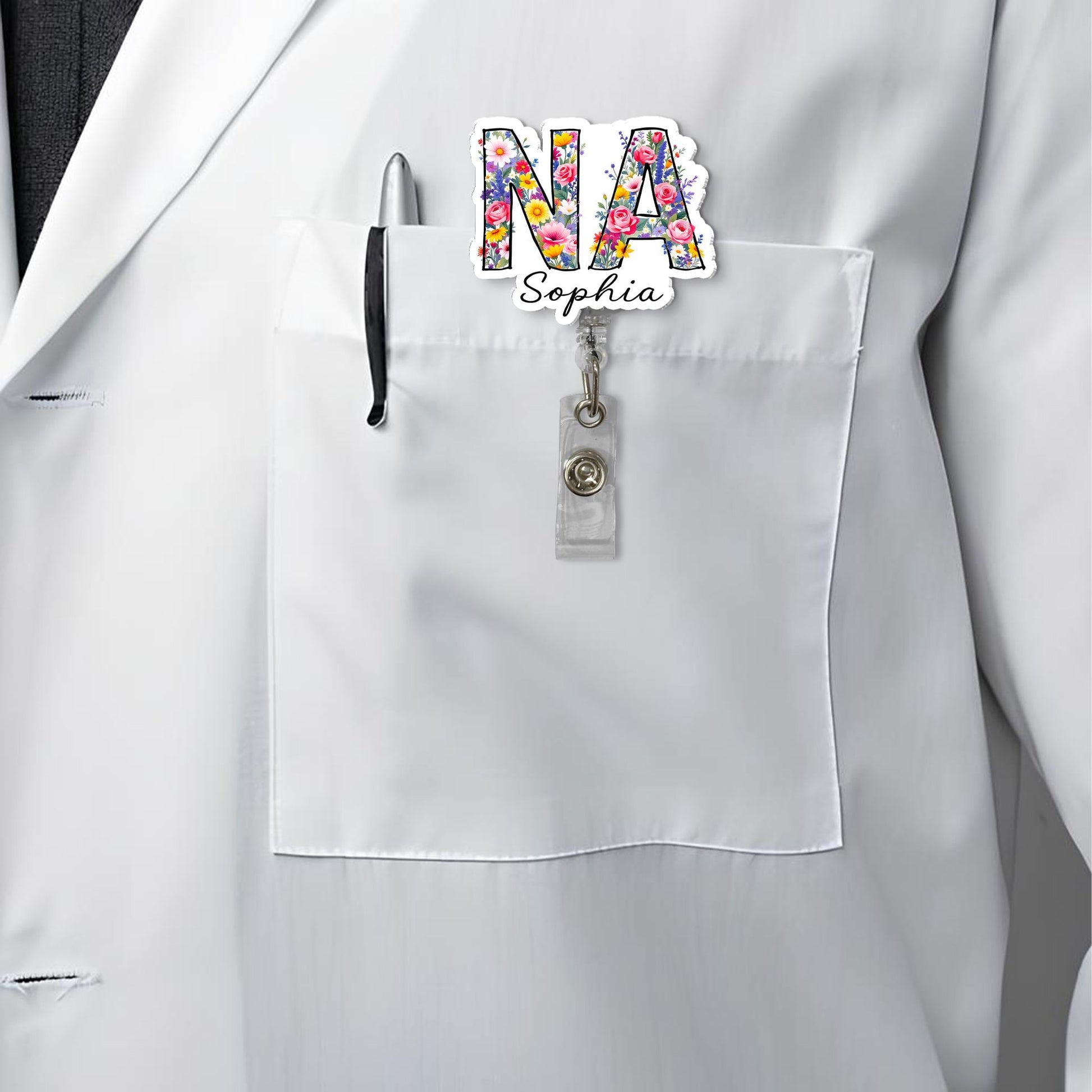 Personalized NA Badge Reel, Custom Name Floral Nursing Assistant ID Holder, Retractable Badge Clip, Nurse Gift, Medical Staff Accessory