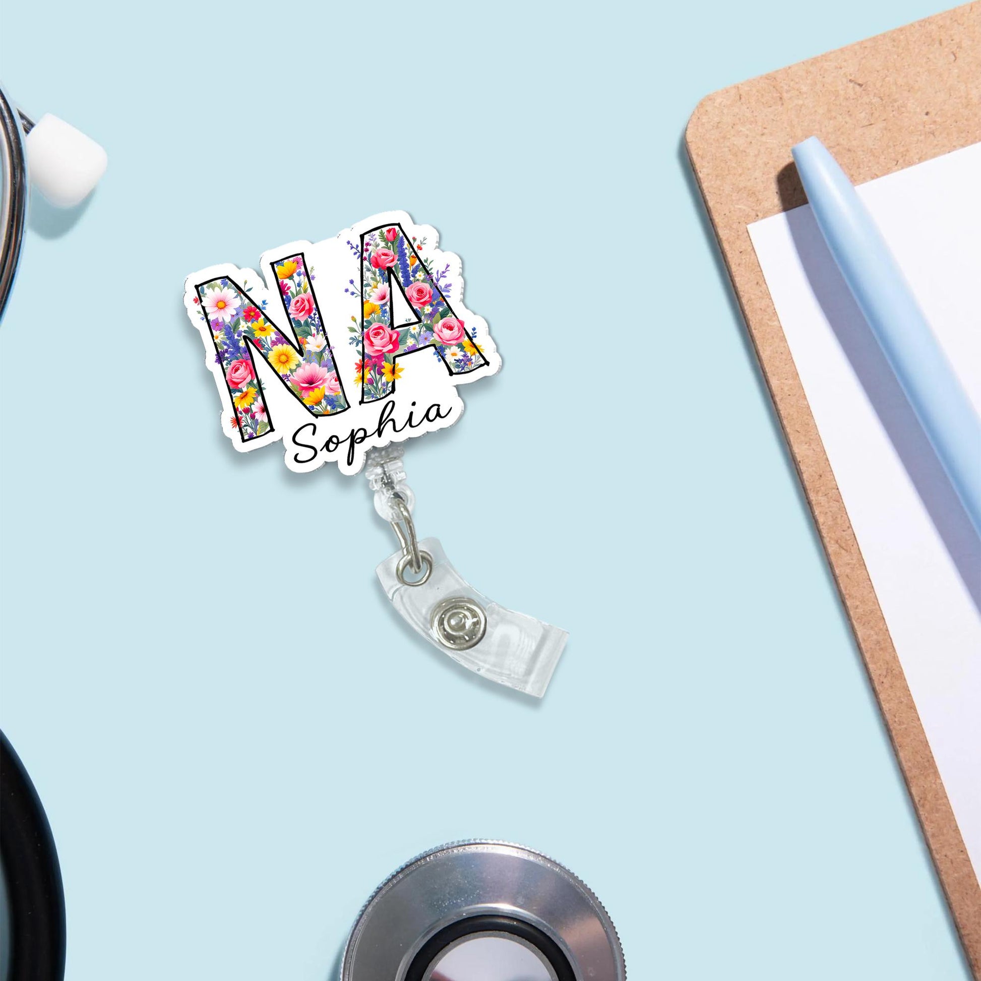Personalized NA Badge Reel, Custom Name Floral Nursing Assistant ID Holder, Retractable Badge Clip, Nurse Gift, Medical Staff Accessory