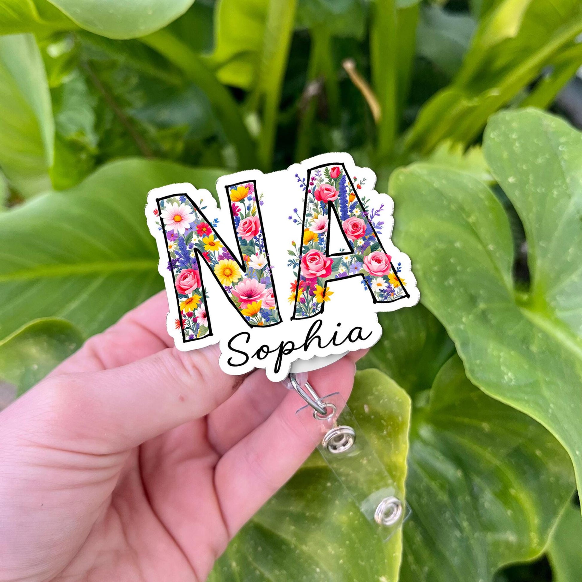 Personalized NA Badge Reel, Custom Name Floral Nursing Assistant ID Holder, Retractable Badge Clip, Nurse Gift, Medical Staff Accessory