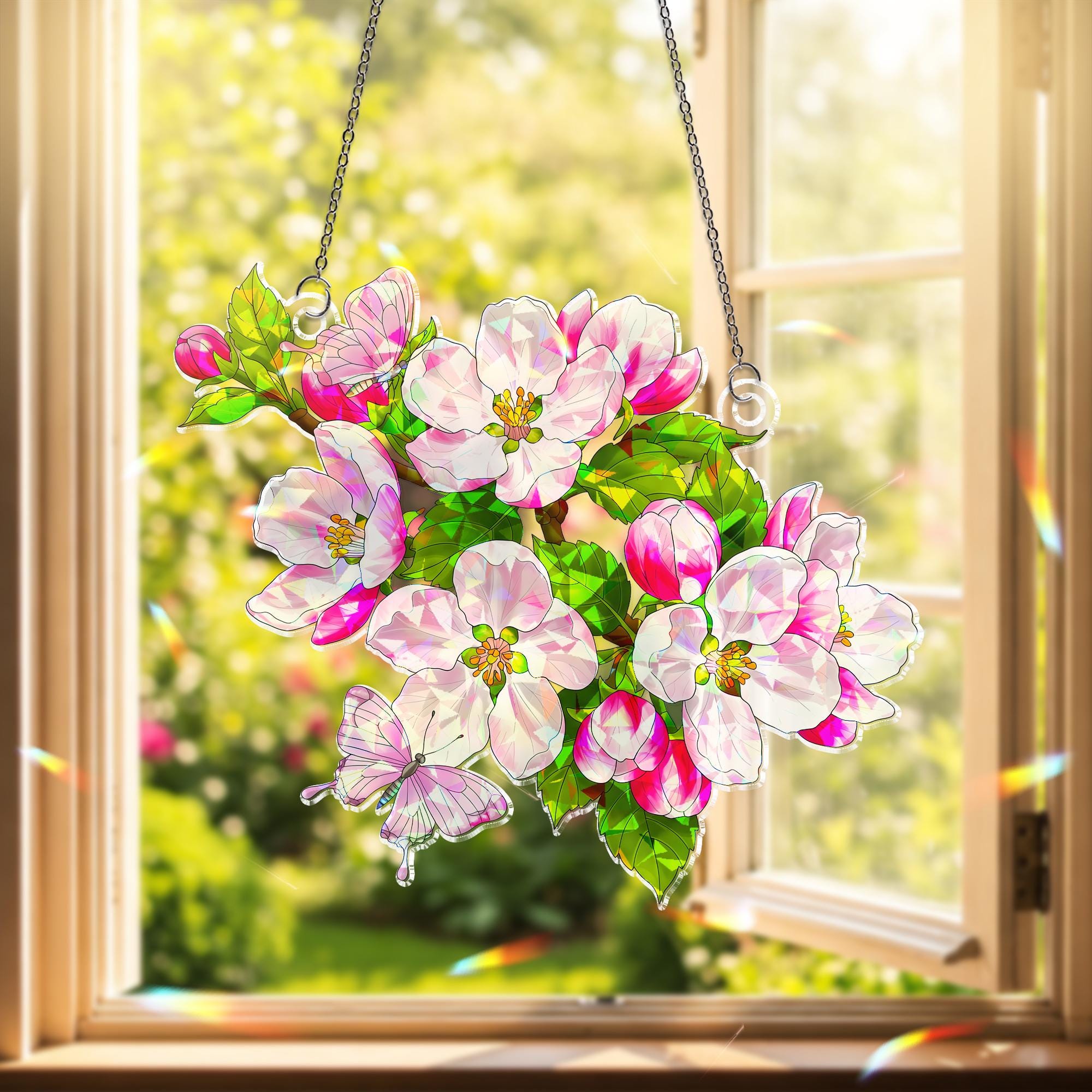 Vibrant Apple Blossom Butterfly Hologram Acrylic Window Hanging Ornament, Spring Floral Decor, Arkansas Flower, Gifr For Her, Gardener