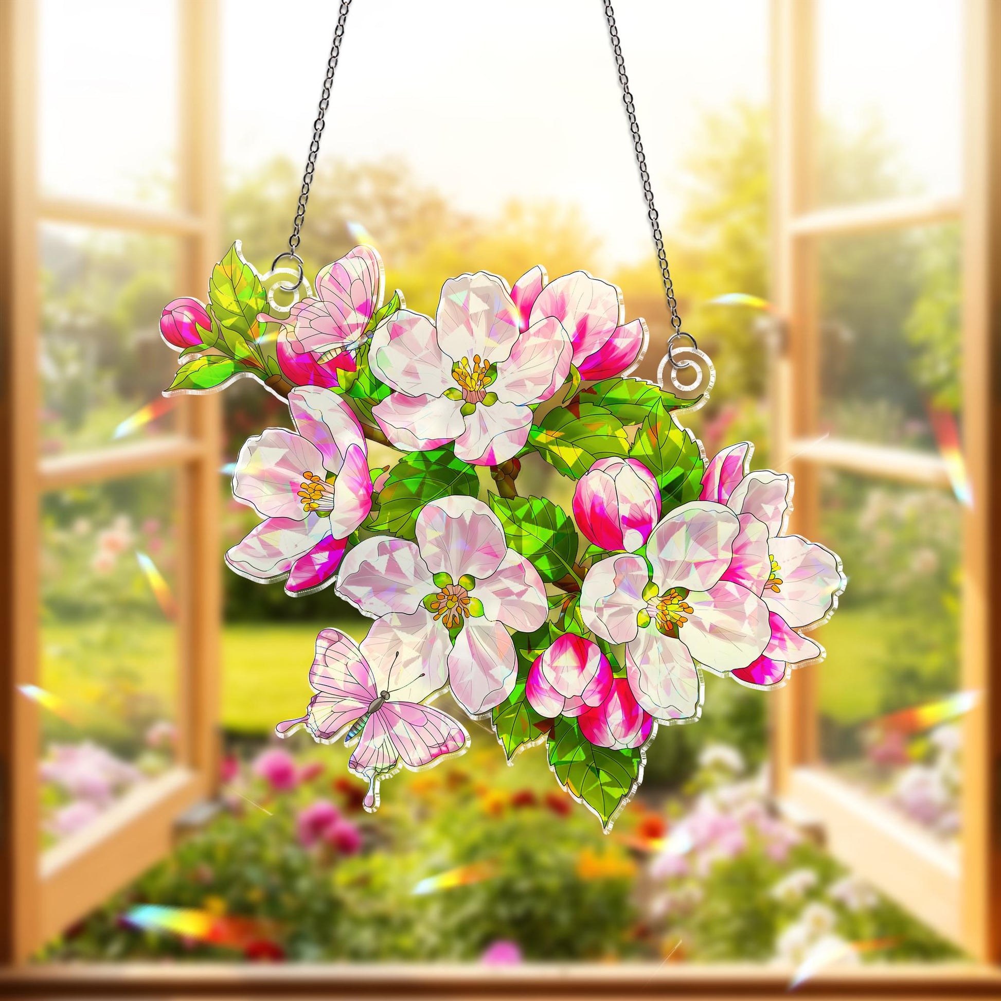 Vibrant Apple Blossom Butterfly Hologram Acrylic Window Hanging Ornament, Spring Floral Decor, Arkansas Flower, Gifr For Her, Gardener