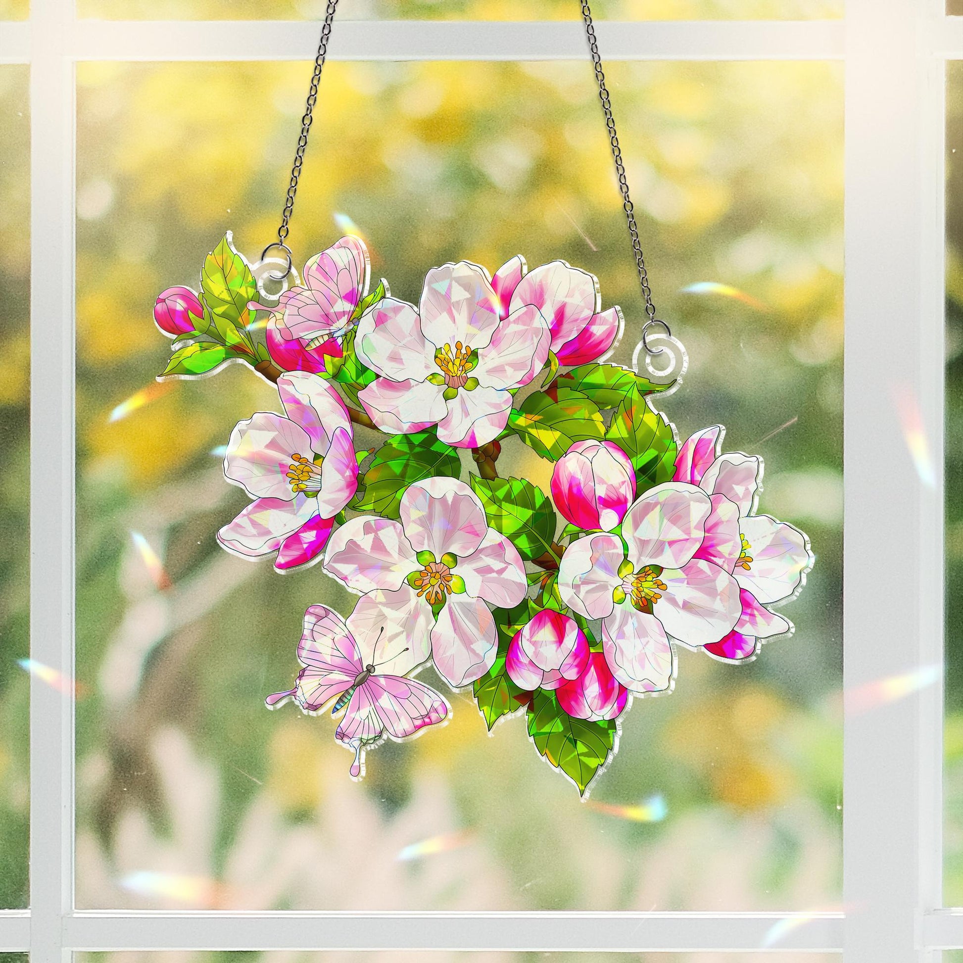Vibrant Apple Blossom Butterfly Hologram Acrylic Window Hanging Ornament, Spring Floral Decor, Arkansas Flower, Gifr For Her, Gardener