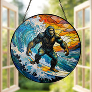 Bigfoot Surfing Glass Suncatcher, Sasquatch Ocean Wave Window Decor, Beach Lover Gift, Handmade Colorful Art Piece, Surfing Funny Gift