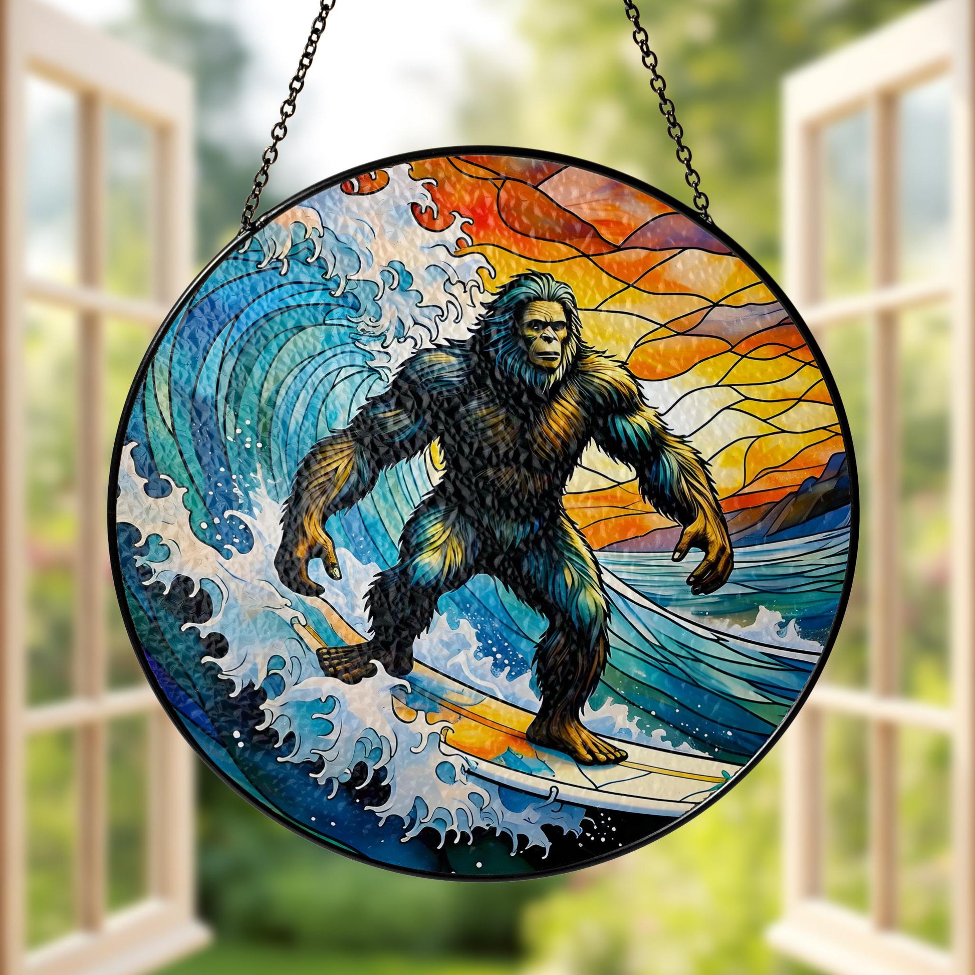 Bigfoot Surfing Glass Suncatcher, Sasquatch Ocean Wave Window Decor, Beach Lover Gift, Handmade Colorful Art Piece, Surfing Funny Gift