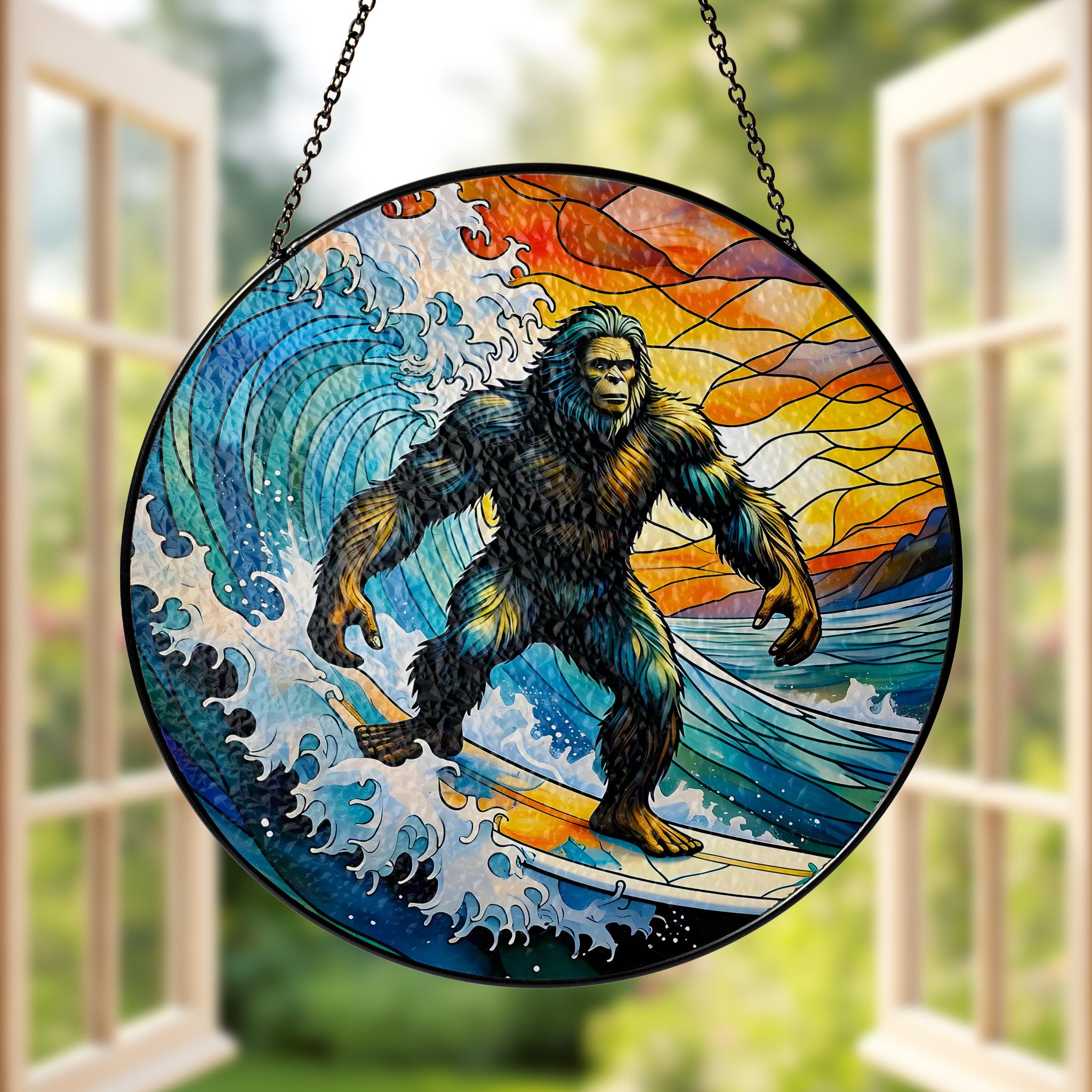 Bigfoot Surfing Glass Suncatcher, Sasquatch Ocean Wave Window Decor, Beach Lover Gift, Handmade Colorful Art Piece, Surfing Funny Gift