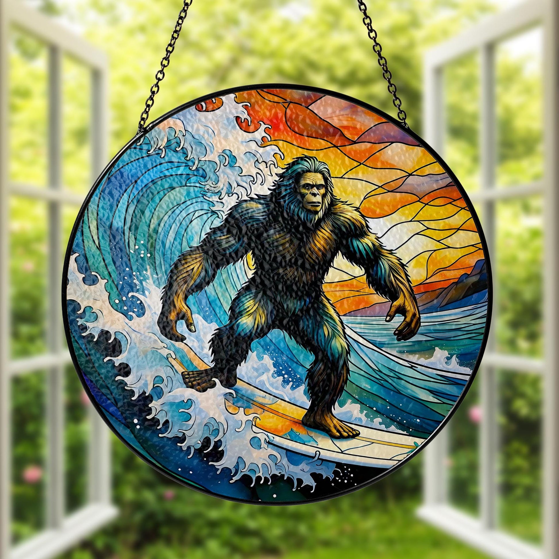 Bigfoot Surfing Glass Suncatcher, Sasquatch Ocean Wave Window Decor, Beach Lover Gift, Handmade Colorful Art Piece, Surfing Funny Gift