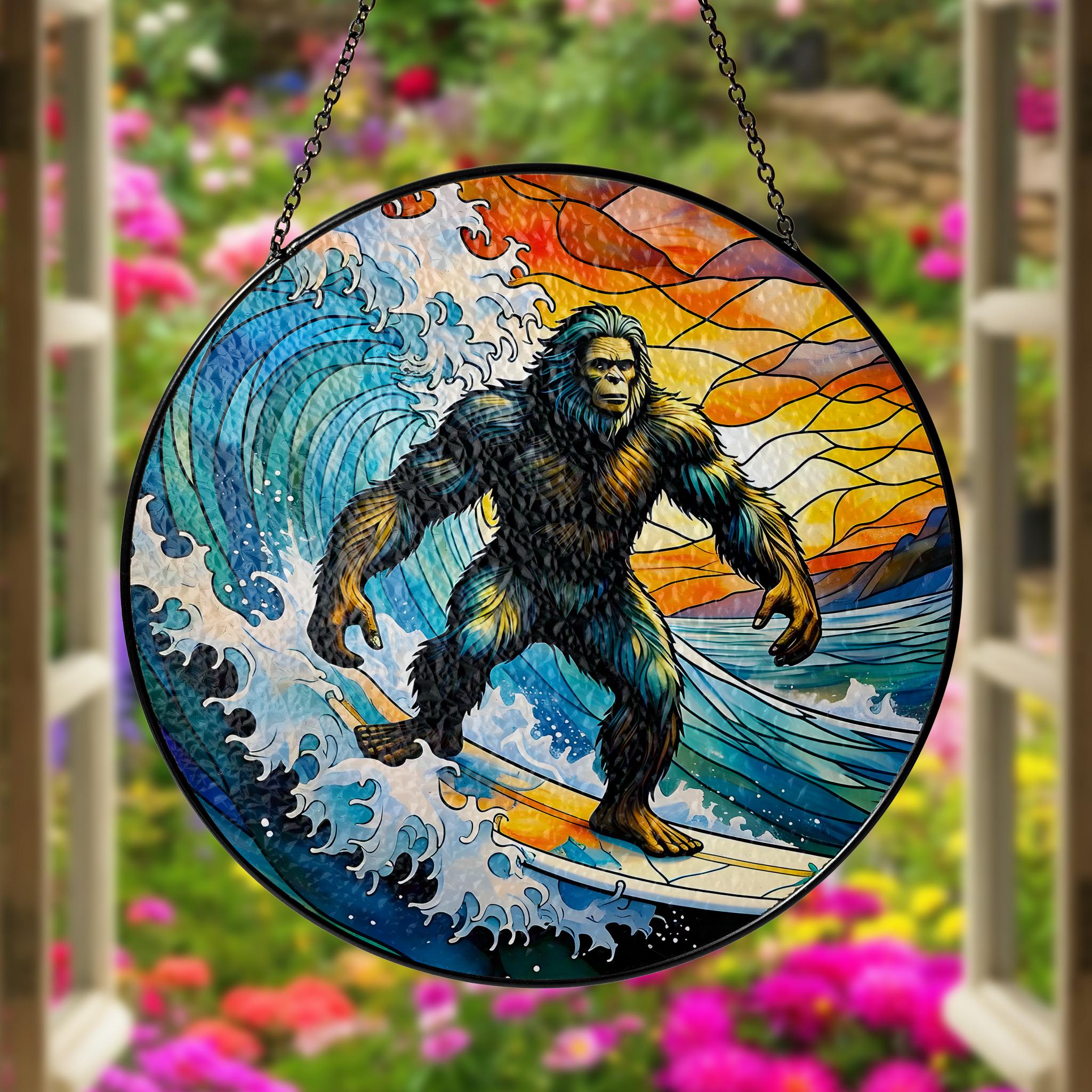 Bigfoot Surfing Glass Suncatcher, Sasquatch Ocean Wave Window Decor, Beach Lover Gift, Handmade Colorful Art Piece, Surfing Funny Gift