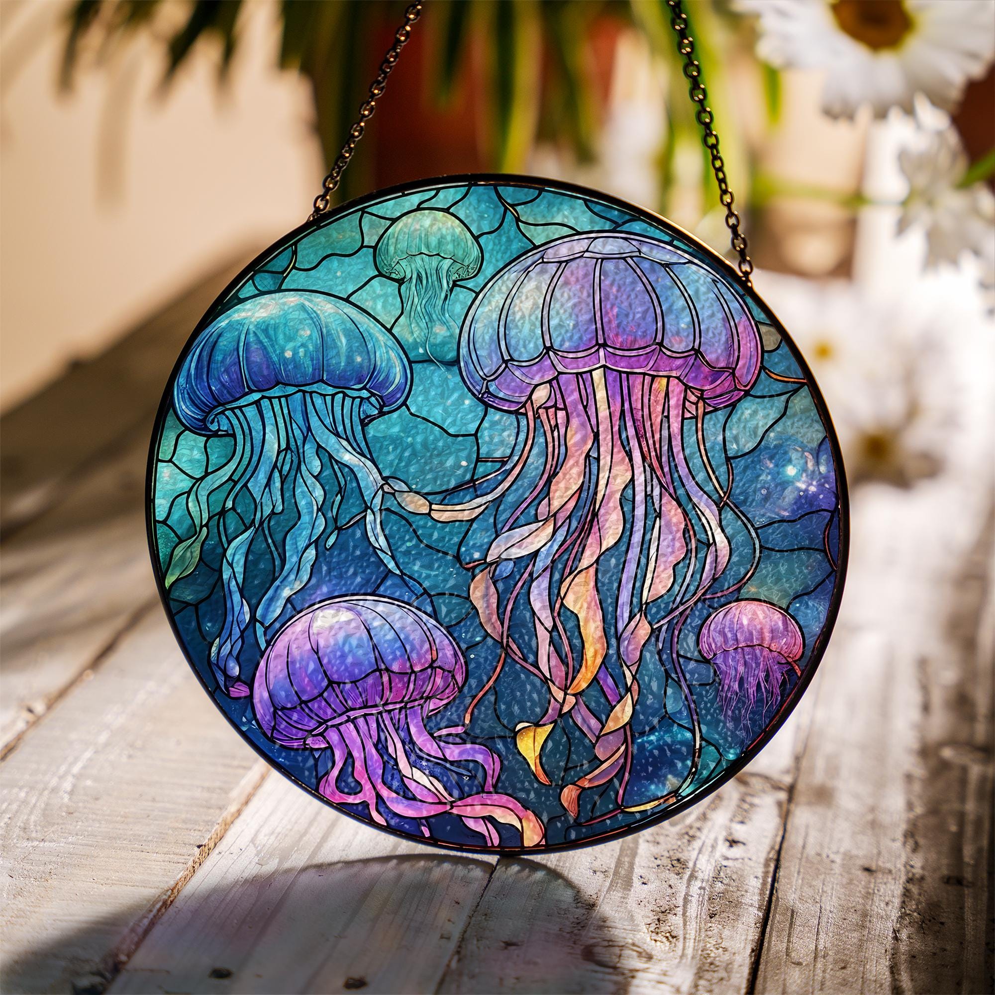 Jellyfish Glass Suncatcher, Tropical Decor, Ocean Window Art, Summer Vibes Beach Decor, Coastal Home Accent