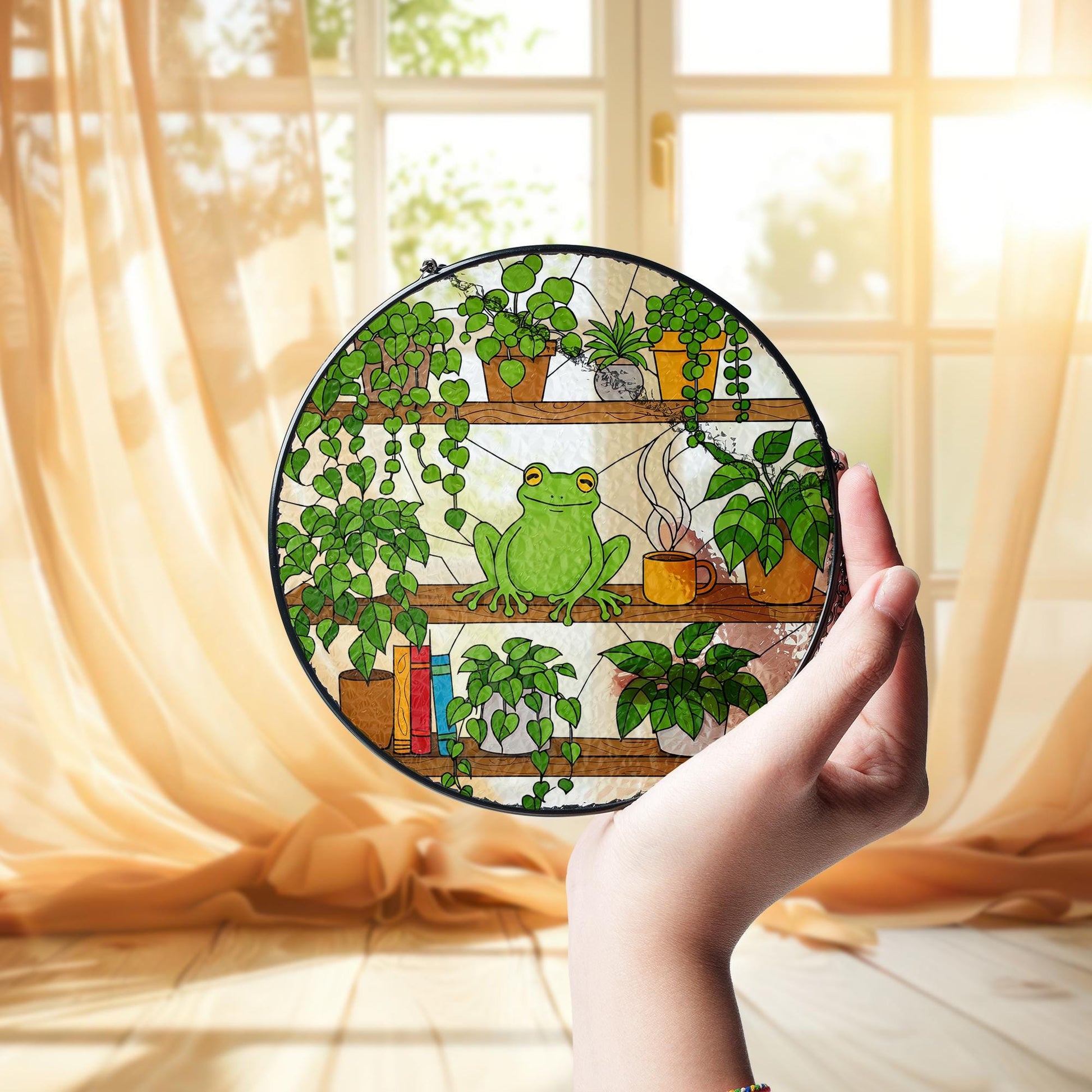 Frog On Bookshelf Glass Suncatcher, Stained Glass Window Art, Plant Shelf Decor, Reading Lover Gift, Book Lover Gift, Kute Frog Suncatcher