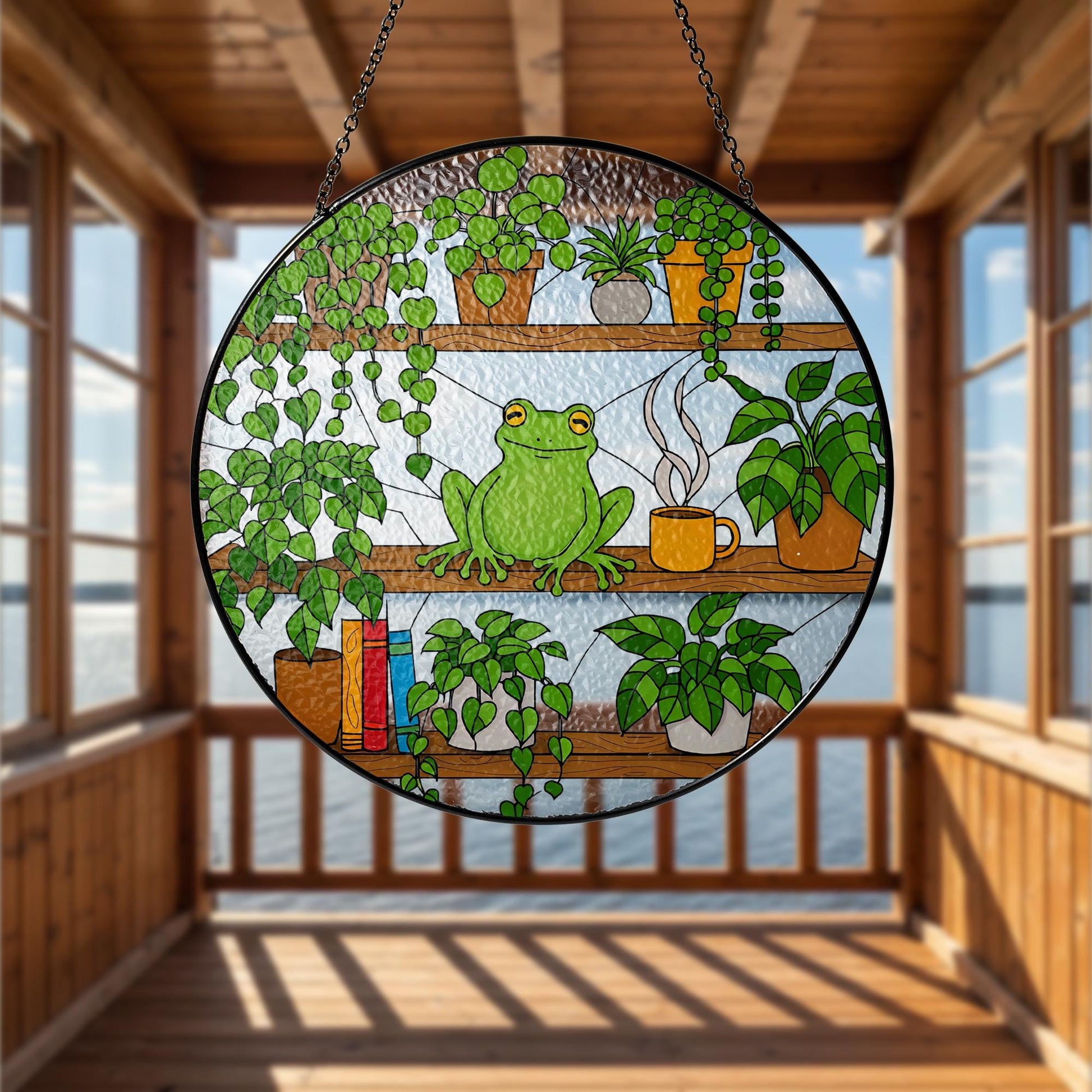 Frog On Bookshelf Glass Suncatcher, Stained Glass Window Art, Plant Shelf Decor, Reading Lover Gift, Book Lover Gift, Kute Frog Suncatcher