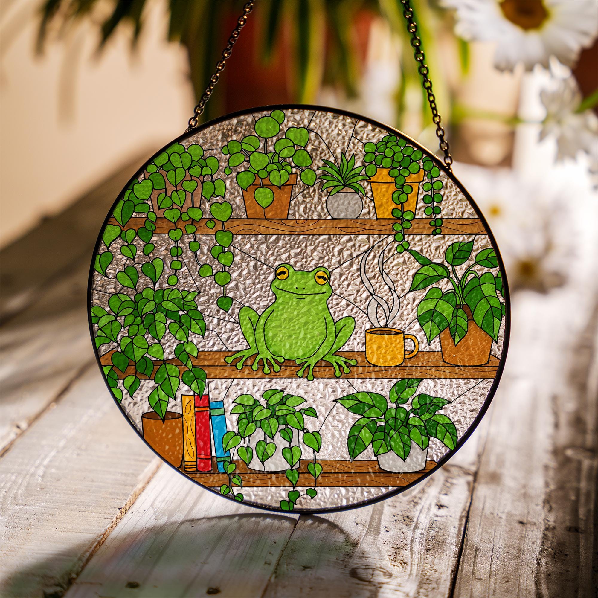 Frog On Bookshelf Glass Suncatcher, Stained Glass Window Art, Plant Shelf Decor, Reading Lover Gift, Book Lover Gift, Kute Frog Suncatcher