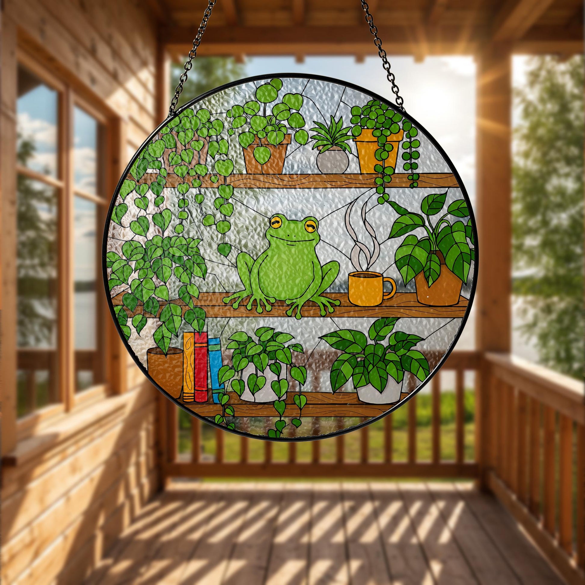 Frog On Bookshelf Glass Suncatcher, Stained Glass Window Art, Plant Shelf Decor, Reading Lover Gift, Book Lover Gift, Kute Frog Suncatcher