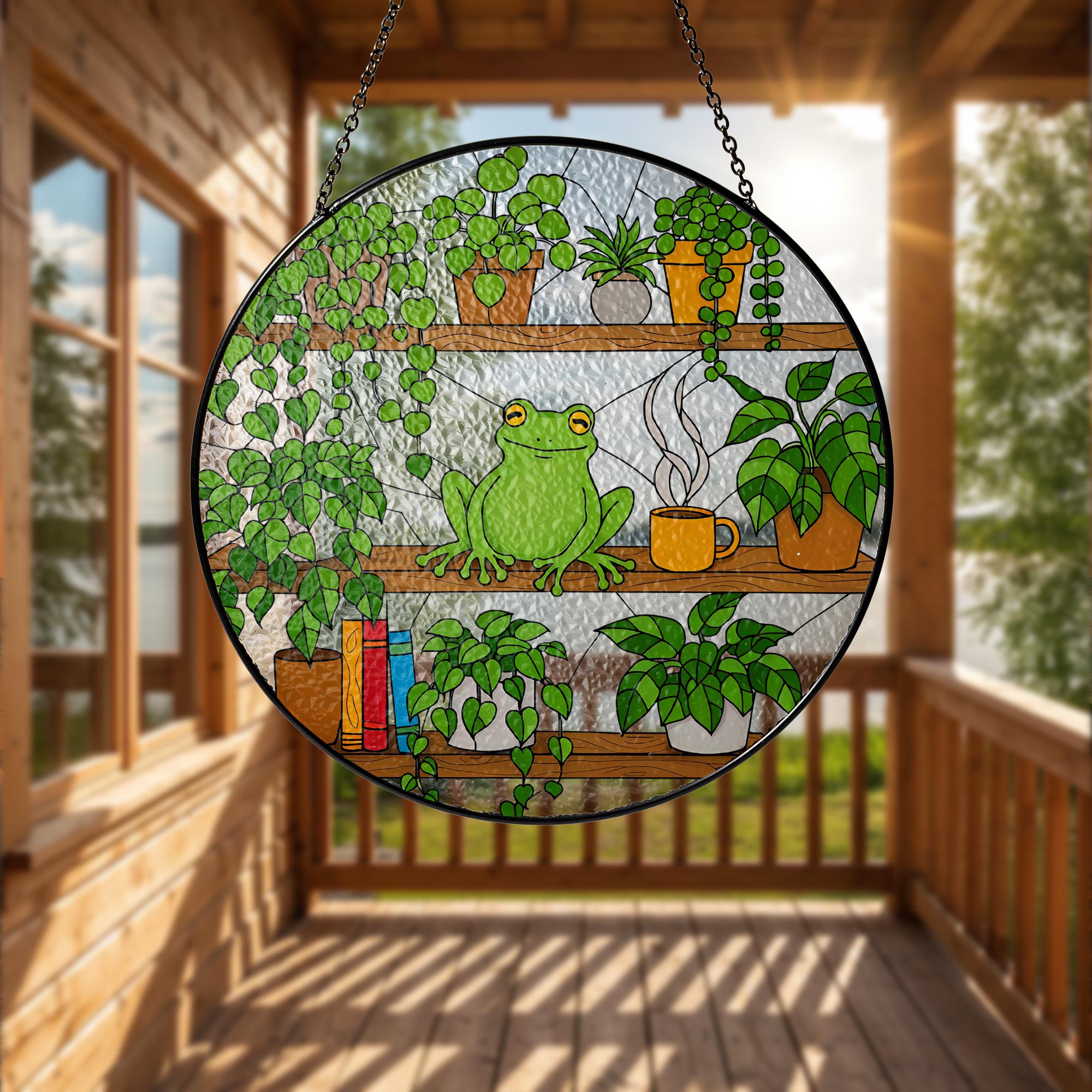 Frog On Bookshelf Glass Suncatcher, Stained Glass Window Art, Plant Shelf Decor, Reading Lover Gift, Book Lover Gift, Kute Frog Suncatcher