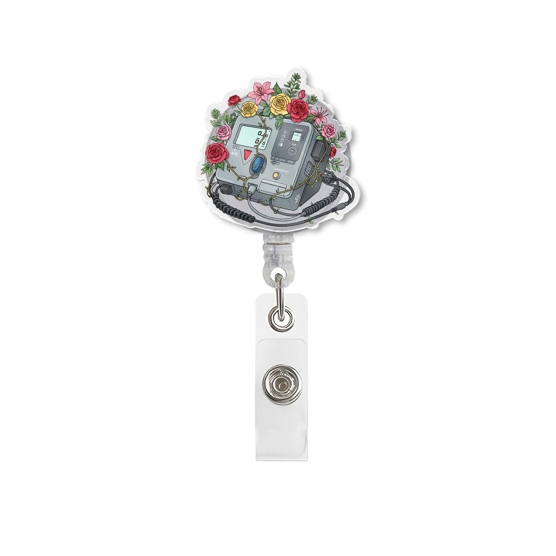 Pretty Defibrillator Badge Reel -Medical Badge Holder for Nurses, Doctors, EMTs - Floral Heart Monitor Design - Healthcare Appreciation Gift