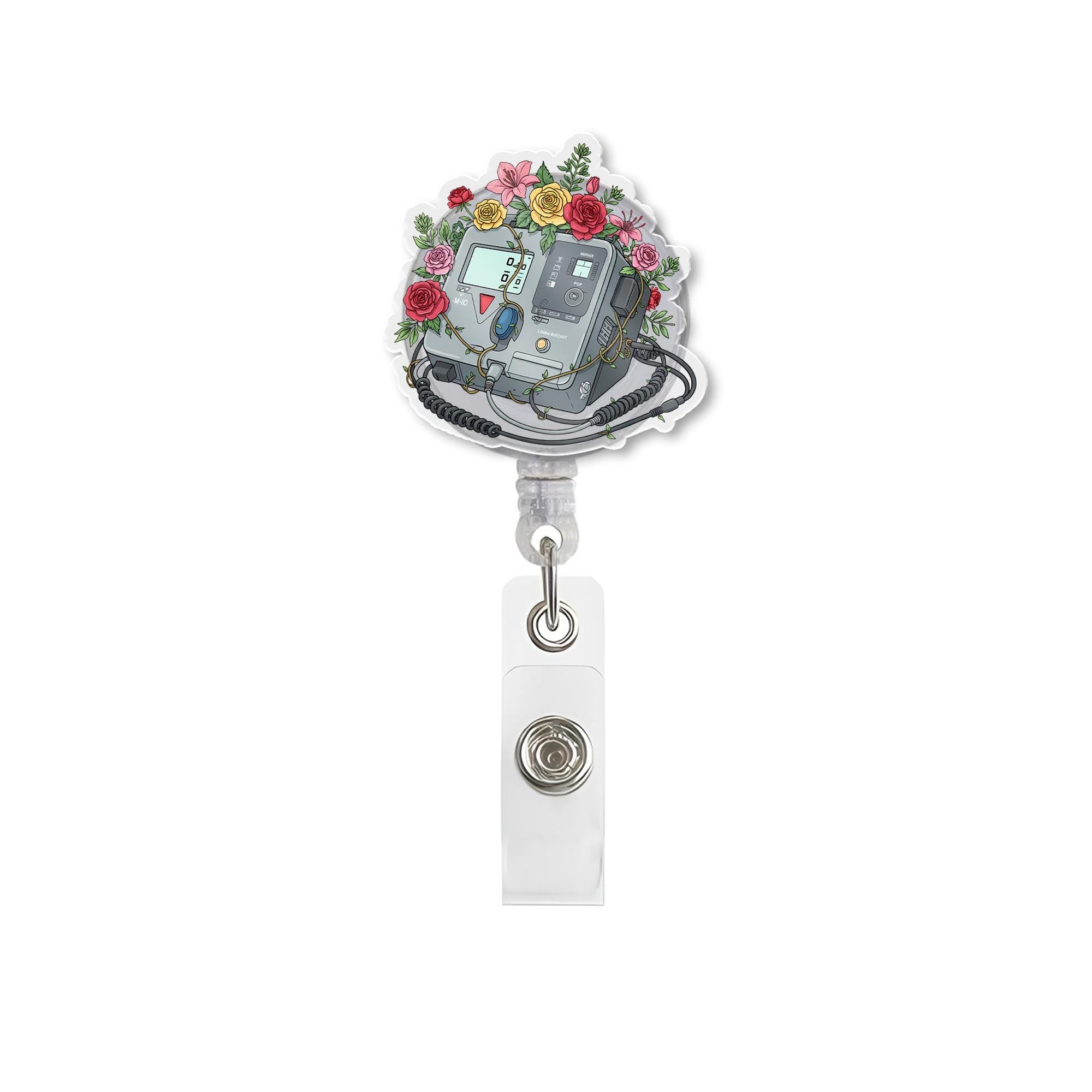 Pretty Defibrillator Badge Reel -Medical Badge Holder for Nurses, Doctors, EMTs - Floral Heart Monitor Design - Healthcare Appreciation Gift