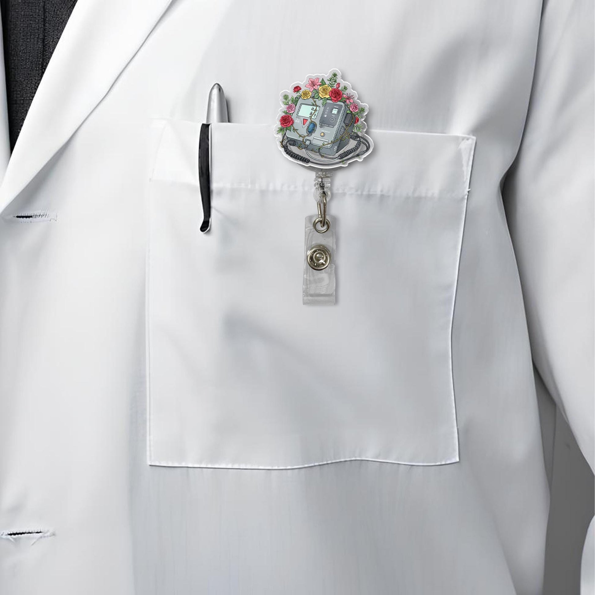 Pretty Defibrillator Badge Reel -Medical Badge Holder for Nurses, Doctors, EMTs - Floral Heart Monitor Design - Healthcare Appreciation Gift