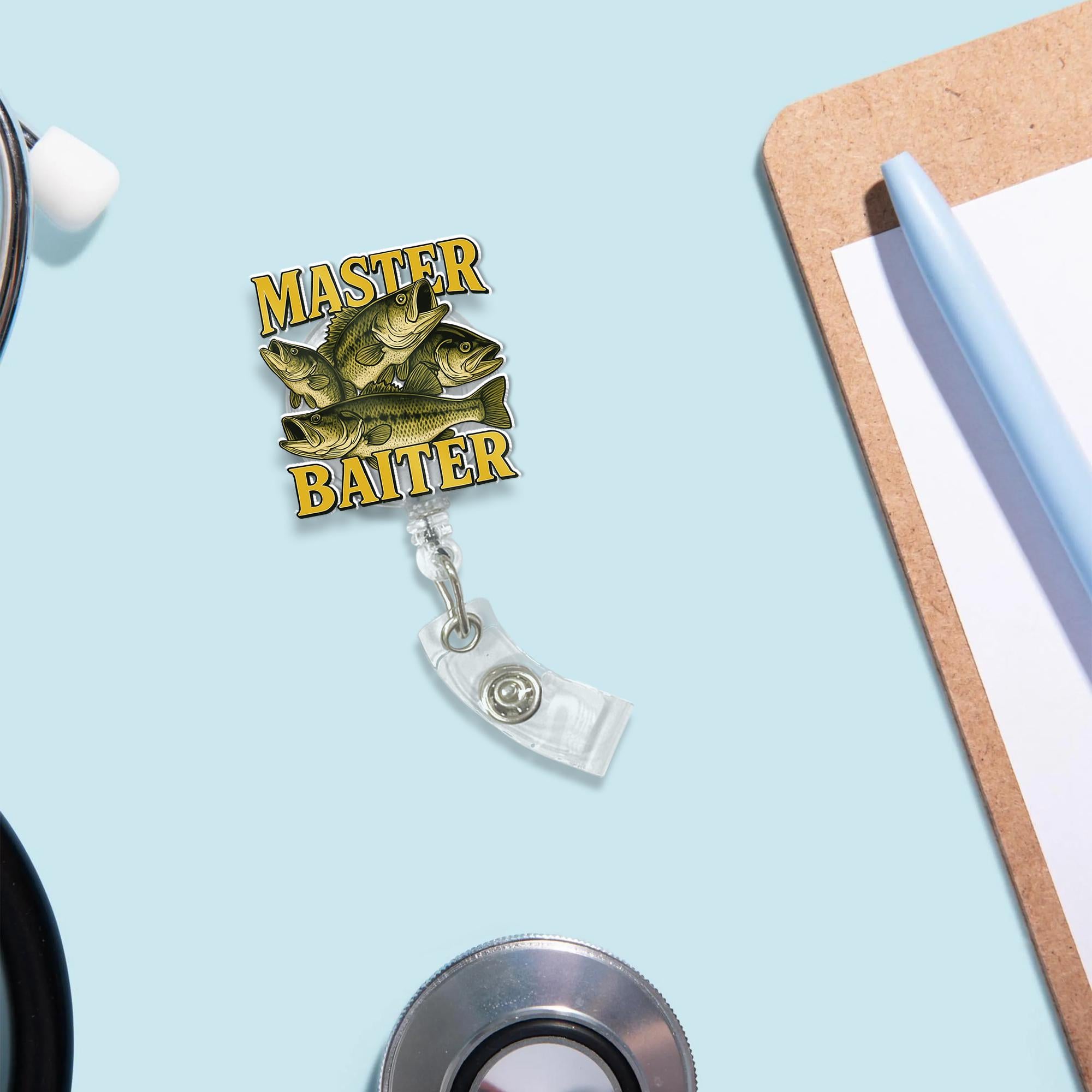 Master Baiter Badge Reel, Funny Fishing Retractable ID Holder, Bass Fish Angler Gift, Humorous Fisherman Work Accessory, Office Gag Gift