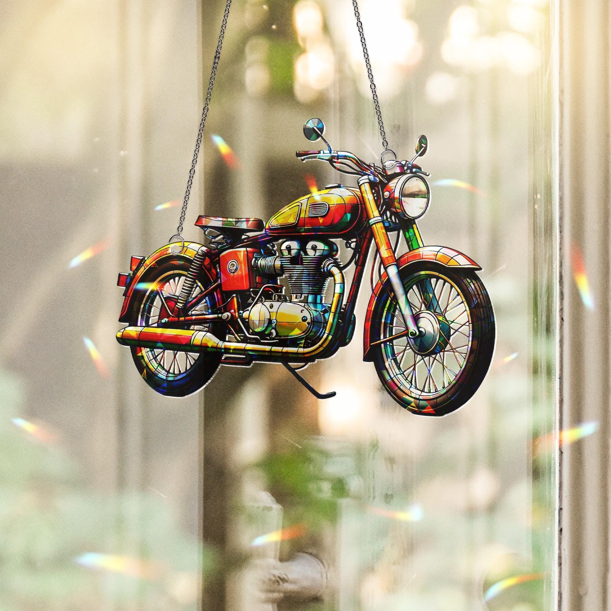 Vintage Motorcycle Hologram Acrylic Window Hanging – Biker Decor, Father's Day Gift, Retro Motorcycle Art