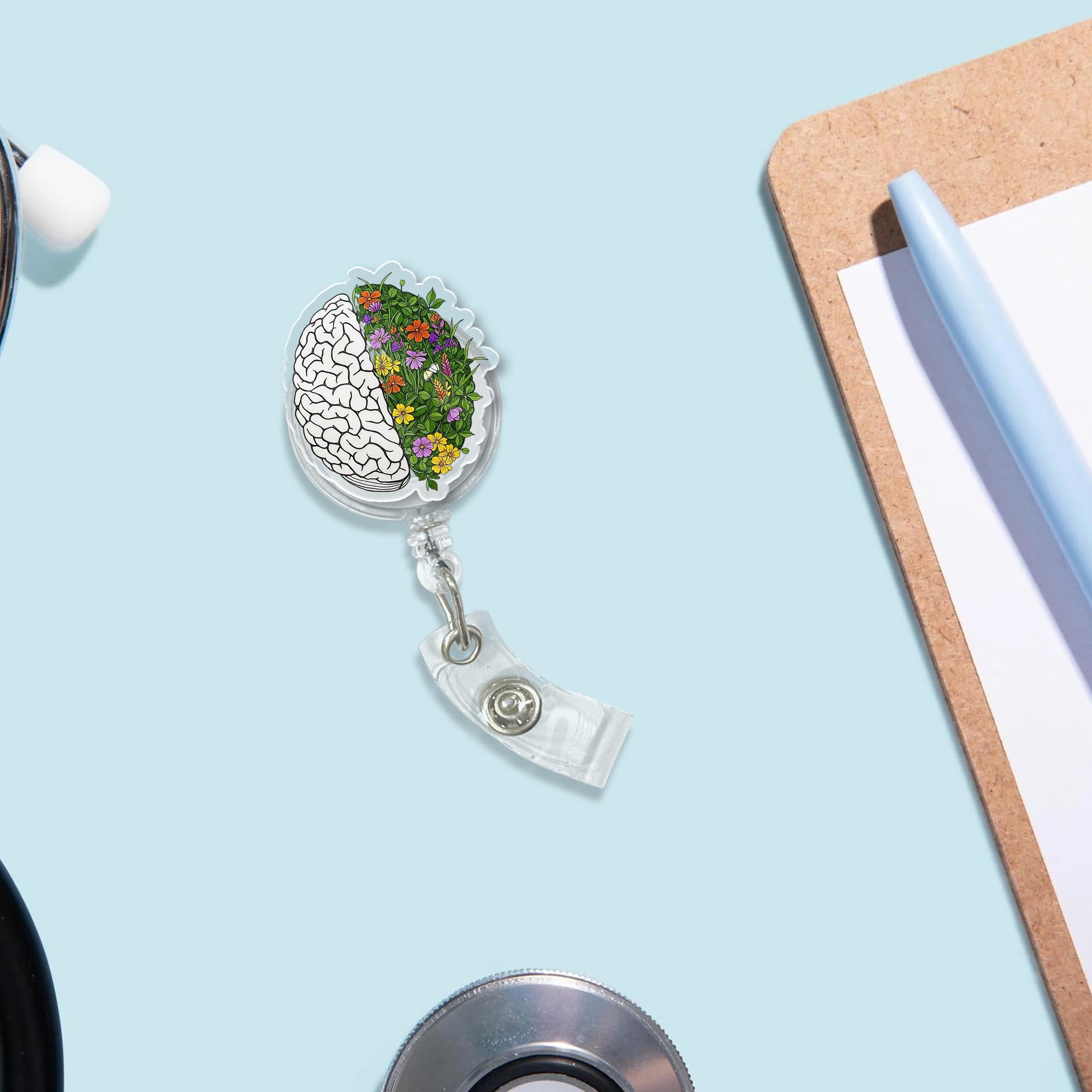 Floral Brain Badge Reel, Medical ID Holder, Nurse Gift, Neuroscience Decor, Floral Anatomy Accessory, Cute Work Badge Clip