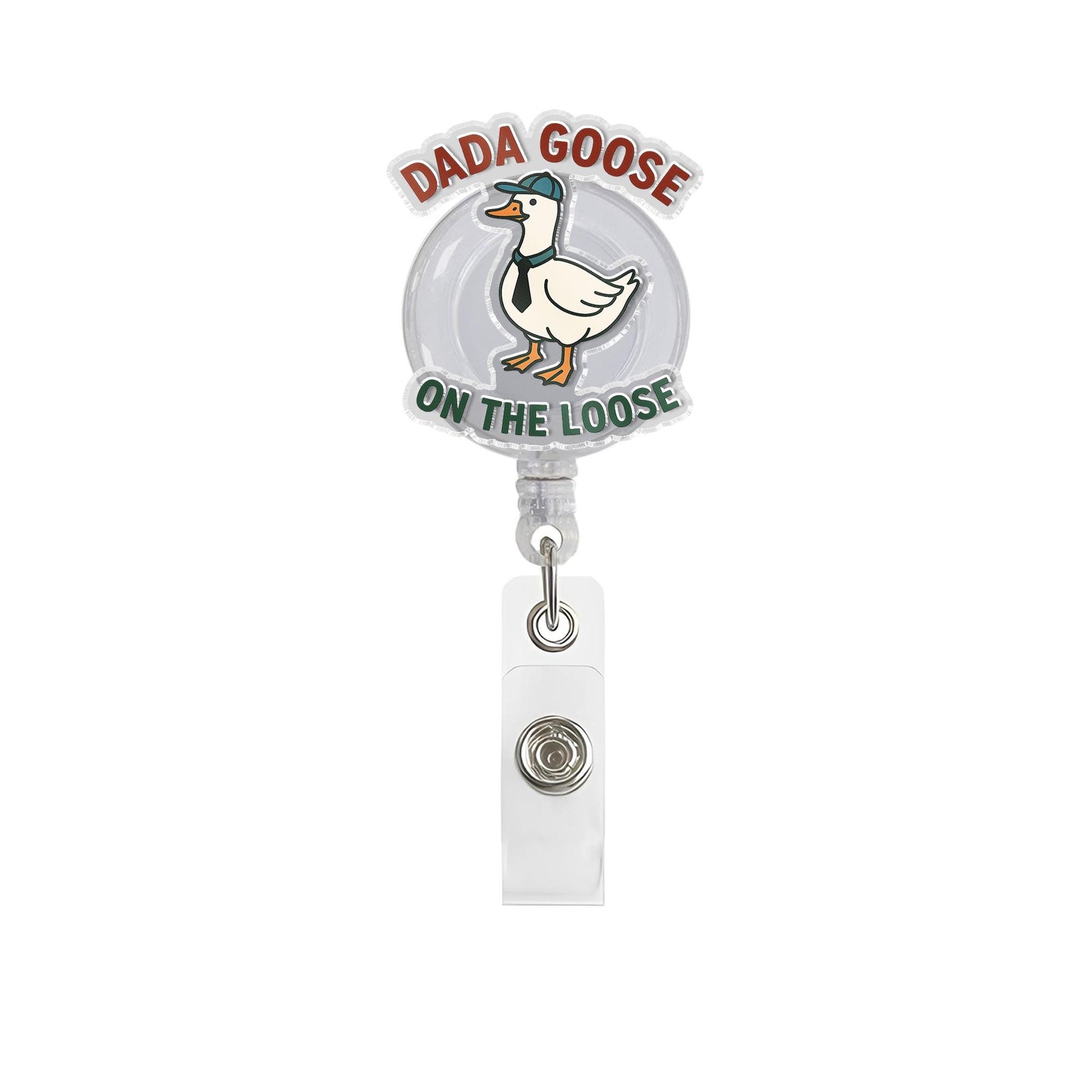 Dada Goose Badge Reel - Funny Goose with Hat & Tie Retractable ID Holder - Cute Animal Lover Work Accessory - On The Loose Badge Clip