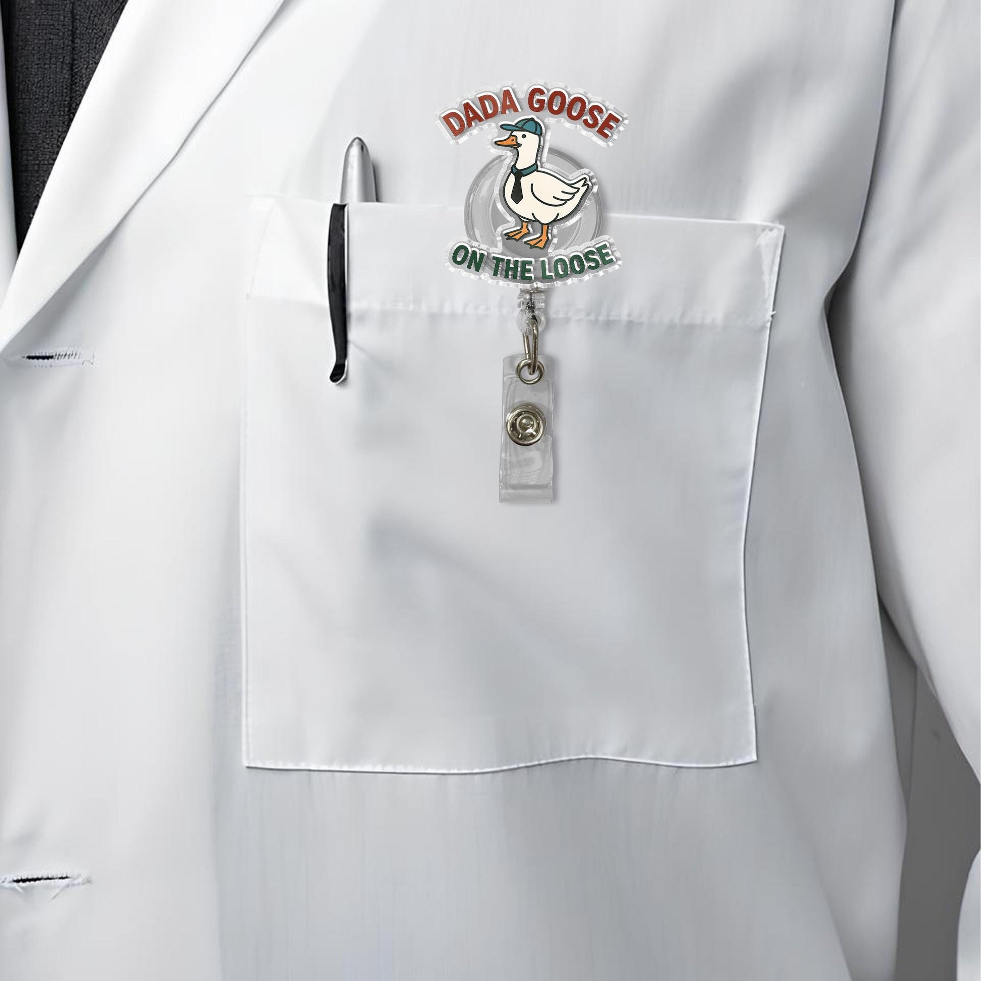 Dada Goose Badge Reel - Funny Goose with Hat & Tie Retractable ID Holder - Cute Animal Lover Work Accessory - On The Loose Badge Clip