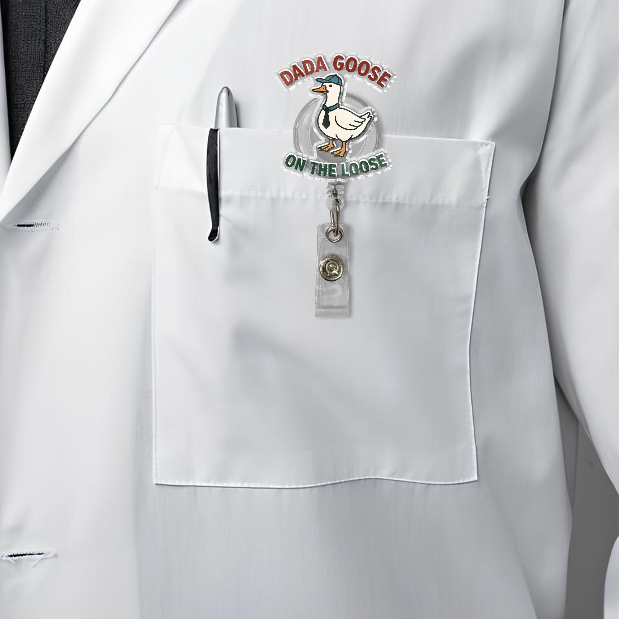 Dada Goose Badge Reel - Funny Goose with Hat & Tie Retractable ID Holder - Cute Animal Lover Work Accessory - On The Loose Badge Clip