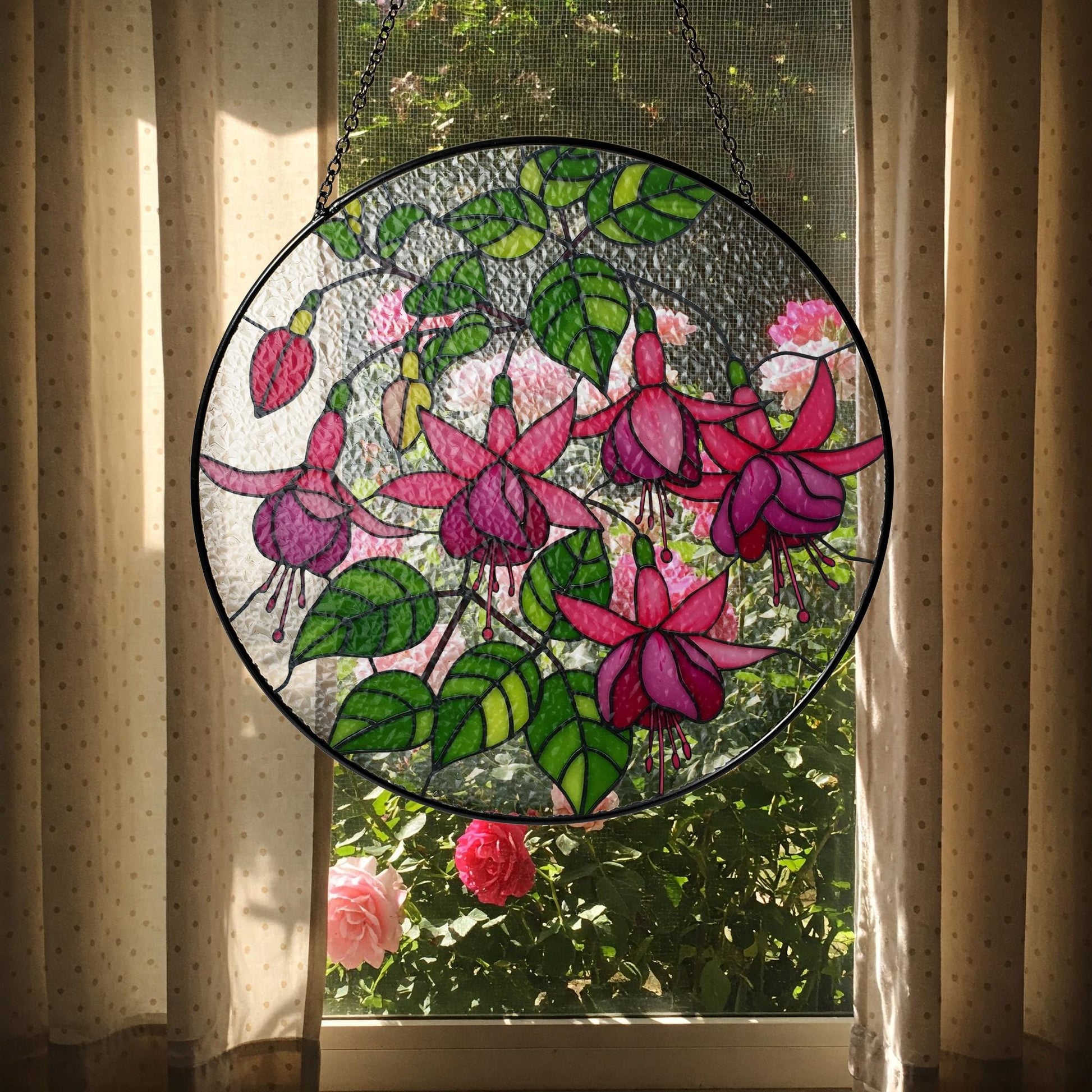Fuchsia Flowers Glass Suncatcher | Tropical Flower Glass Window Hanging | Floral Sun Catcher, Garden Gift | Flower Lover Home Decor, For Mom