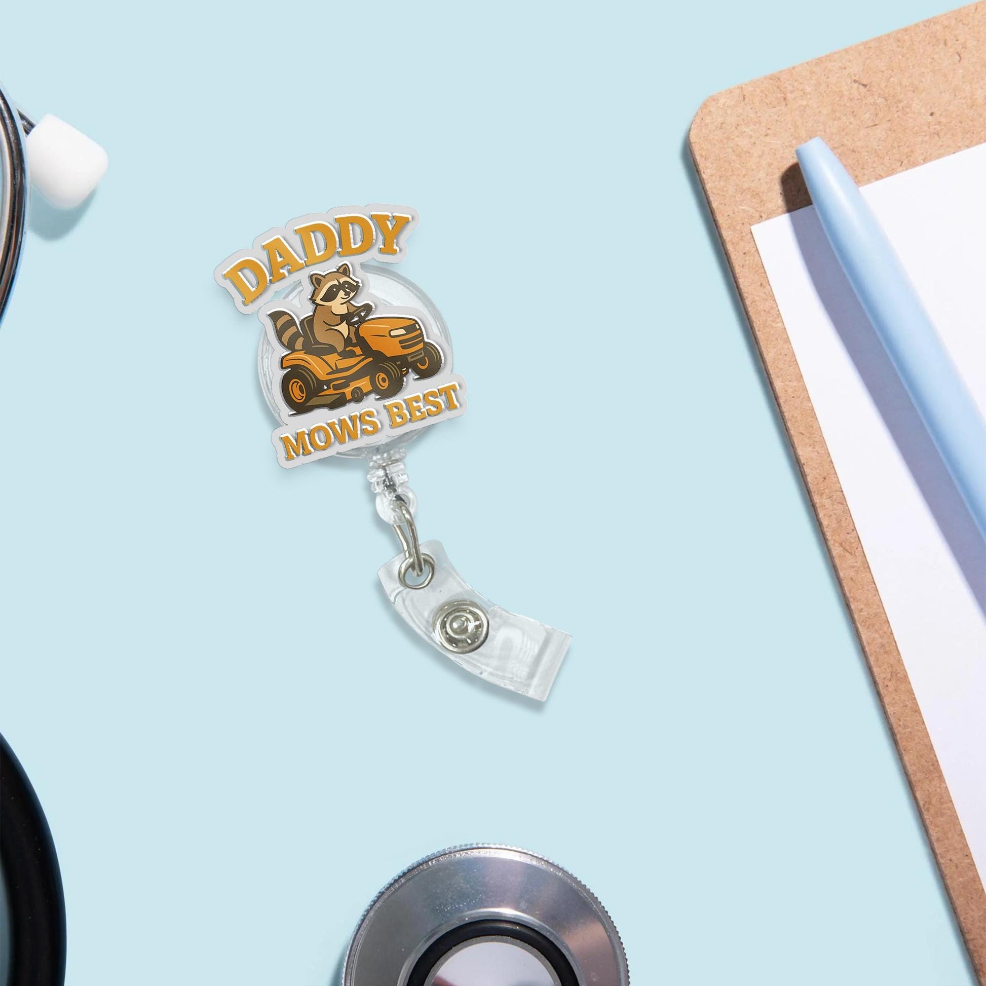 Funny Raccoon Daddy Mows Best Badge Reel, Cute Animal Lawnmower ID Holder, Retractable Gift for Dad, Father's Day, Gardener Gift Idea