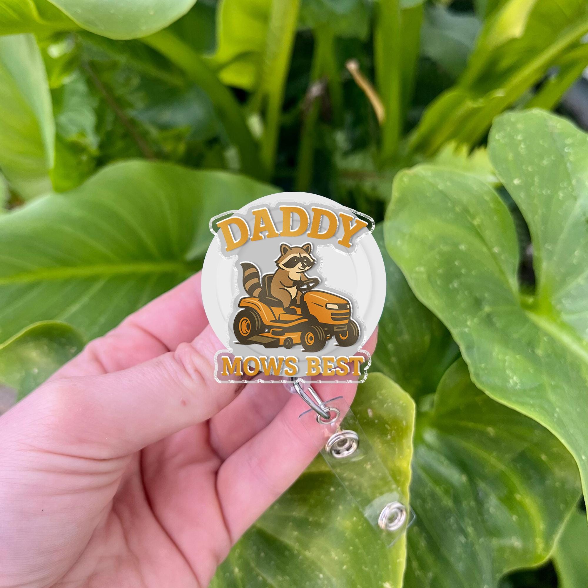 Funny Raccoon Daddy Mows Best Badge Reel, Cute Animal Lawnmower ID Holder, Retractable Gift for Dad, Father's Day, Gardener Gift Idea