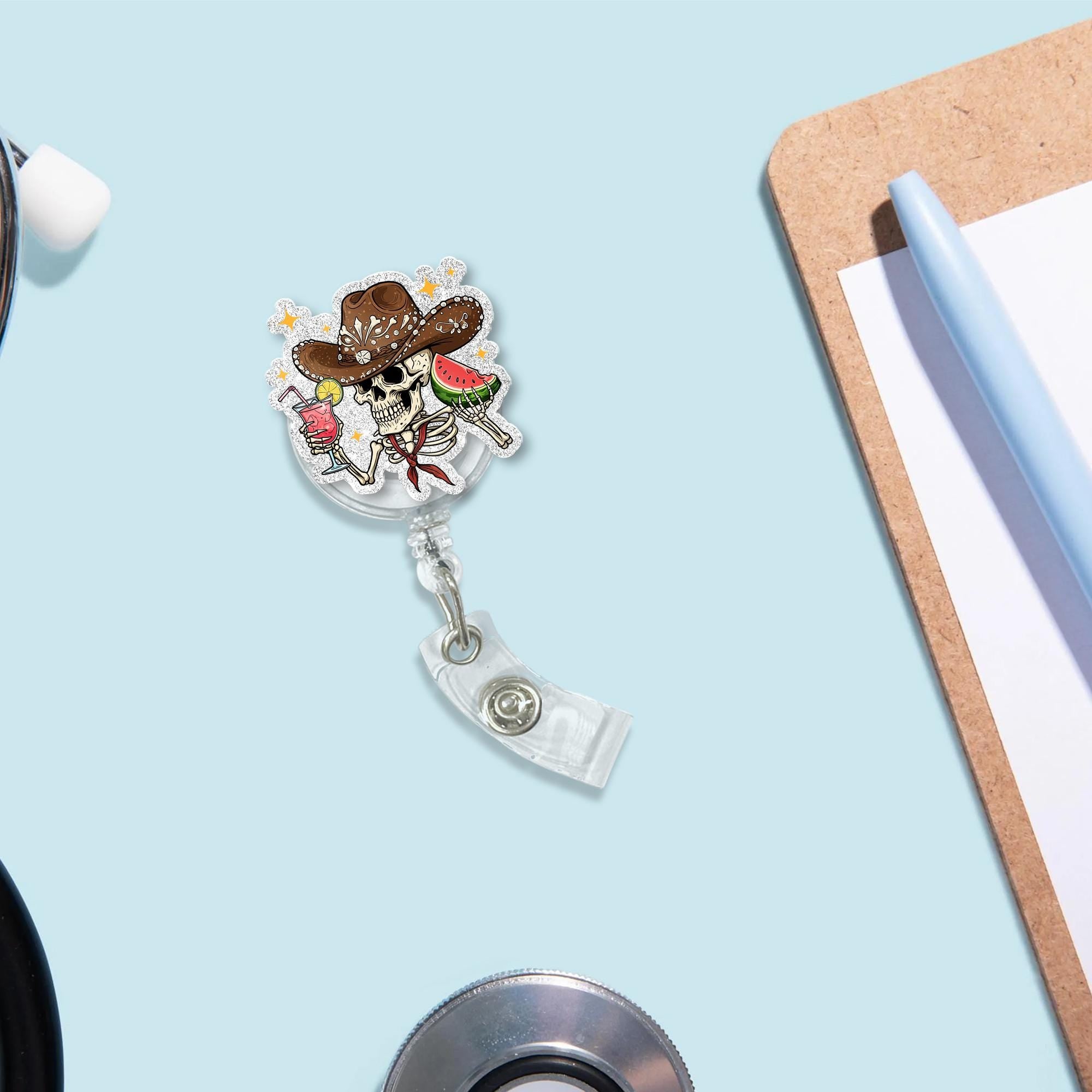 Skeleton Cowboy with Cocktail Badge Reel, Western ID Holder, Spooky Cowgirl Gift, Funny Office Accessory, Work Badge
