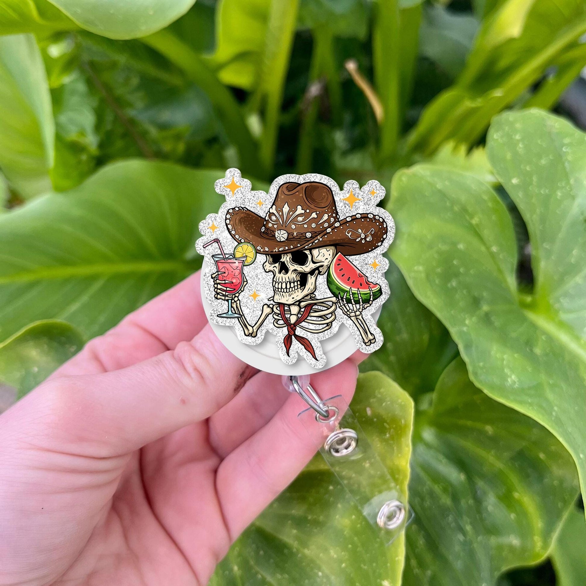 Skeleton Cowboy with Cocktail Badge Reel, Western ID Holder, Spooky Cowgirl Gift, Funny Office Accessory, Work Badge