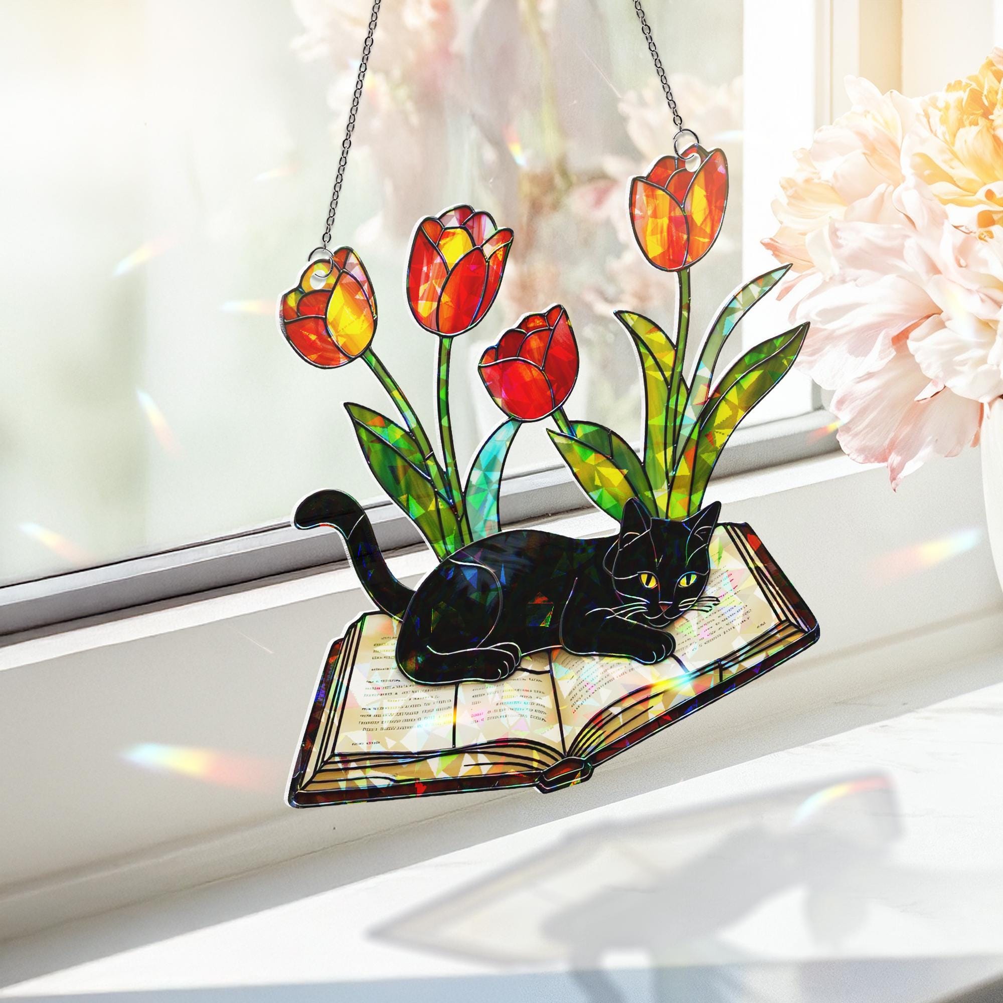 Black Cat on Book Tulips Acrylic Window Hanging Ornament, Rainbow Maker Home Decor, Unique Gift for Cat Lovers Readers, Book Lover,Book Club