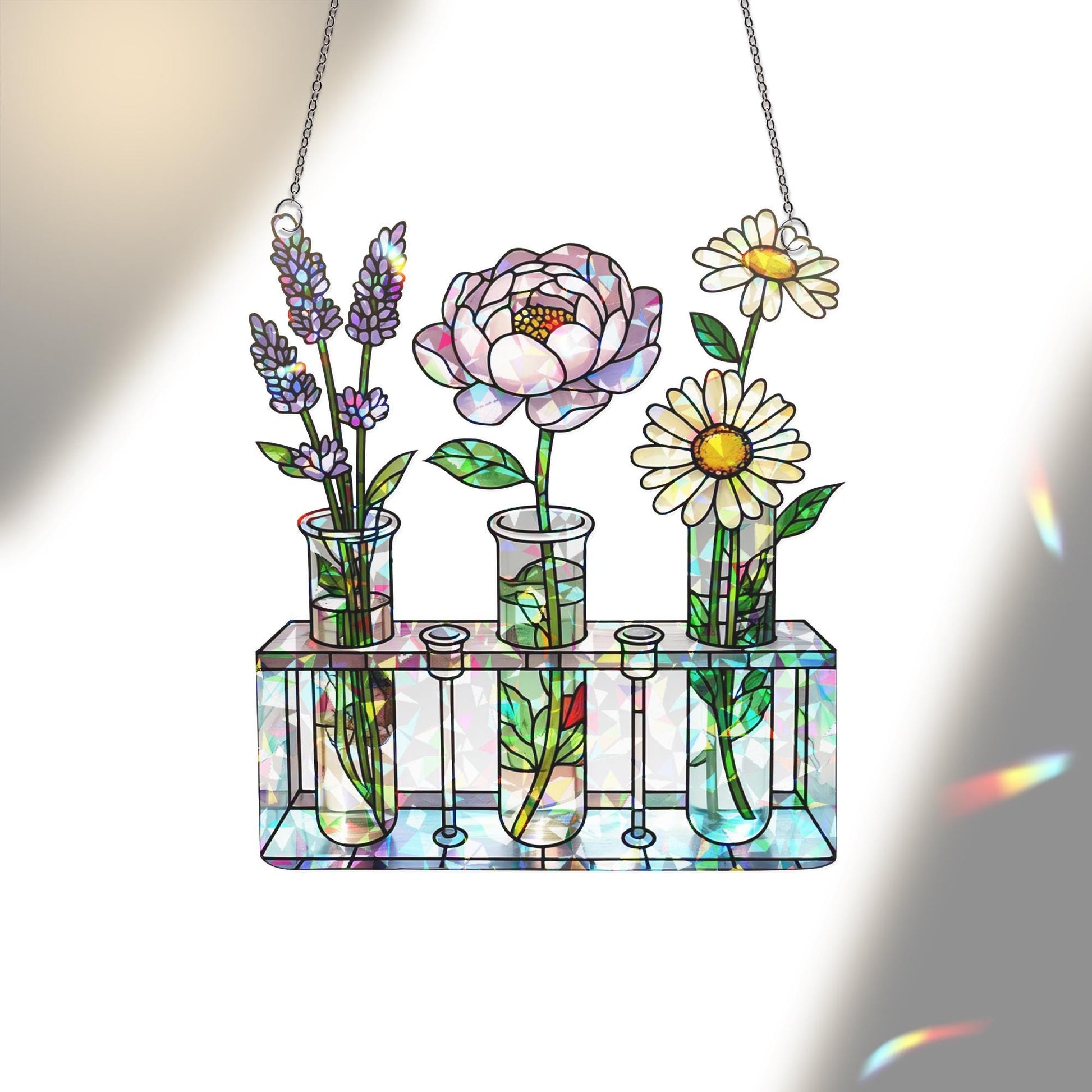 Floral Test Tube Acrylic Window Hanging Ornament, Flower Art, Botanical Home Decor, Lavender Peony Daisy Floral, Garden Lover Gift