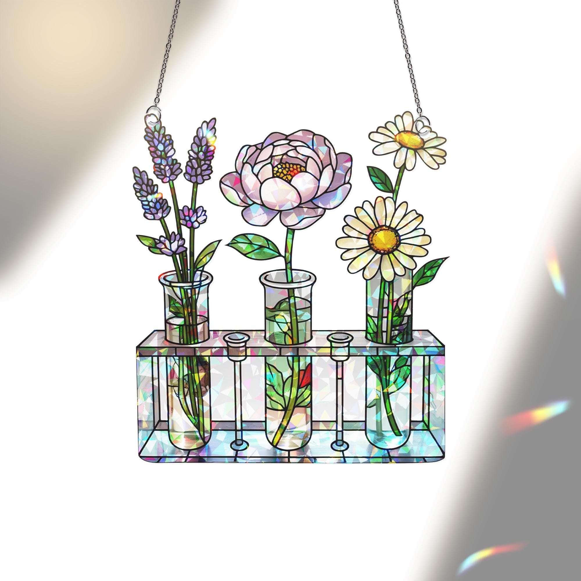 Floral Test Tube Acrylic Window Hanging Ornament, Flower Art, Botanical Home Decor, Lavender Peony Daisy Floral, Garden Lover Gift