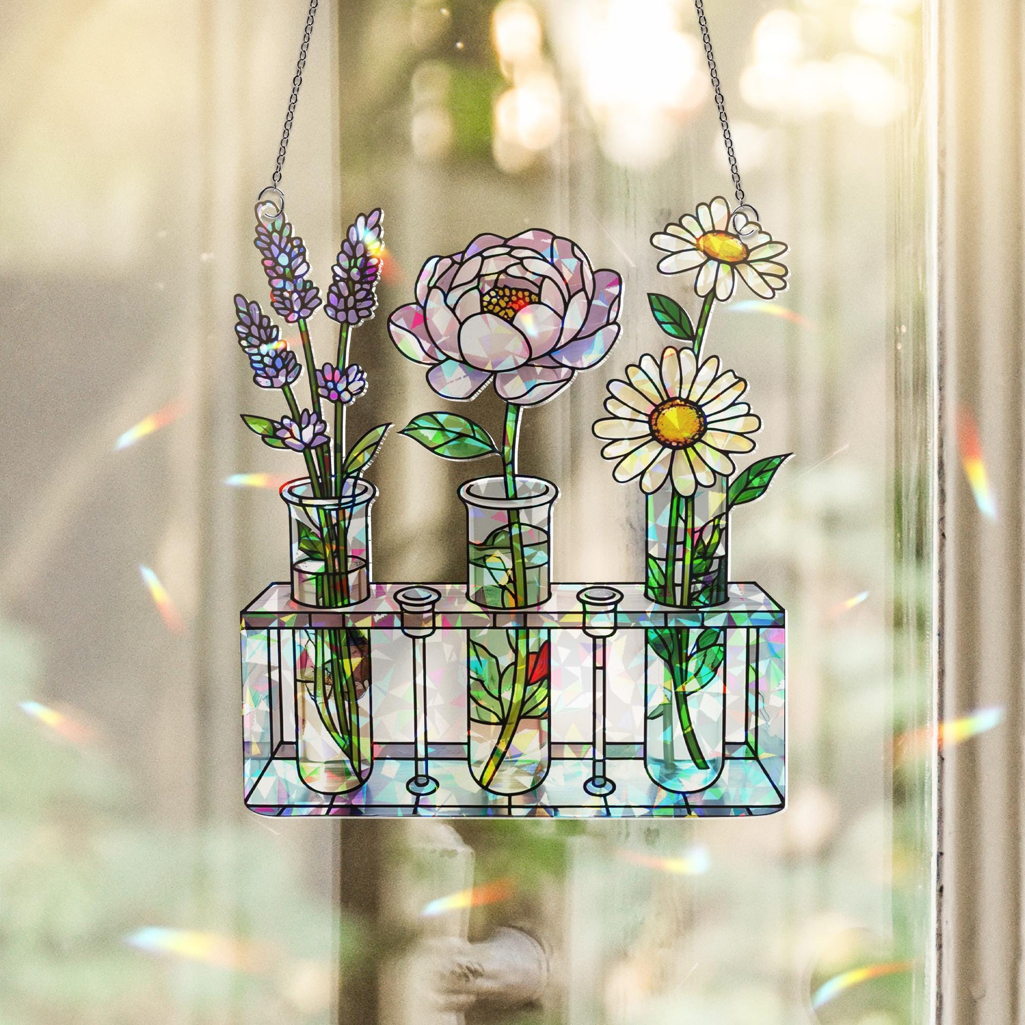 Floral Test Tube Acrylic Window Hanging Ornament, Flower Art, Botanical Home Decor, Lavender Peony Daisy Floral, Garden Lover Gift