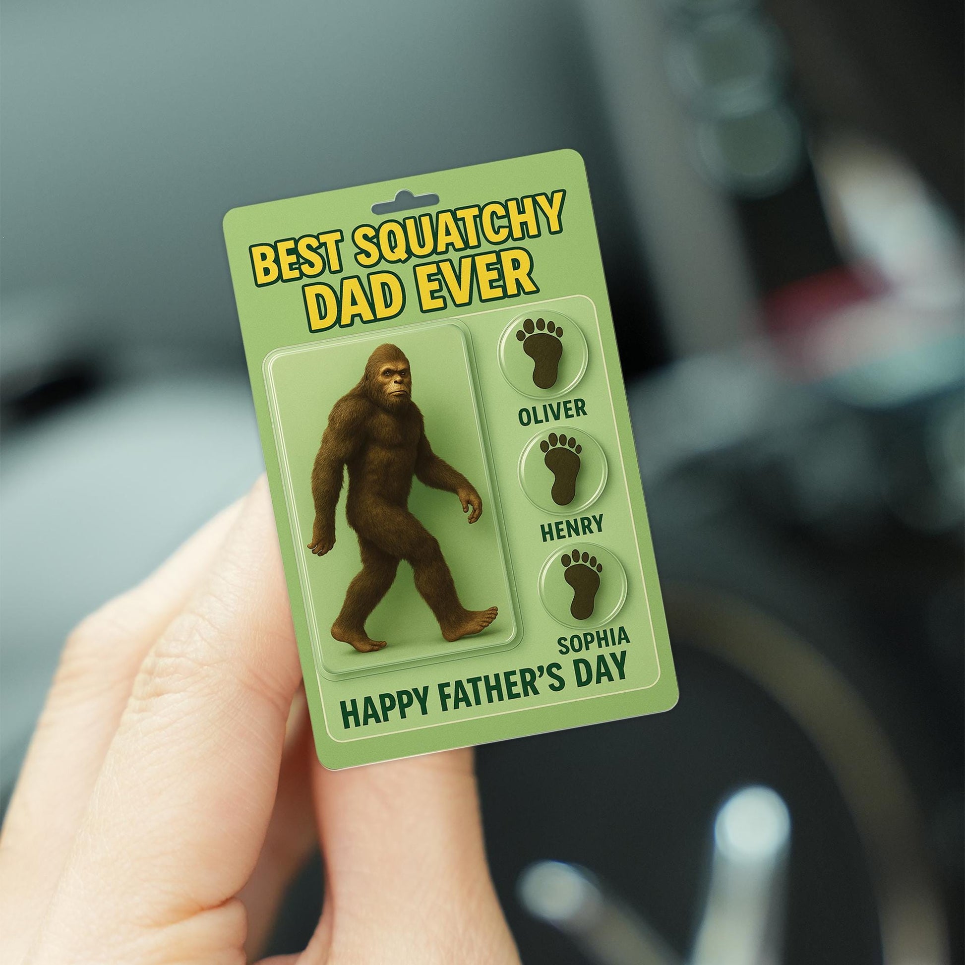 Personalized Bigfoot Car Visor Clip, Custom Names Sasquatch Dad Gift, Best Squatchy Dad Ever, Father's Day Car Accessory for Him