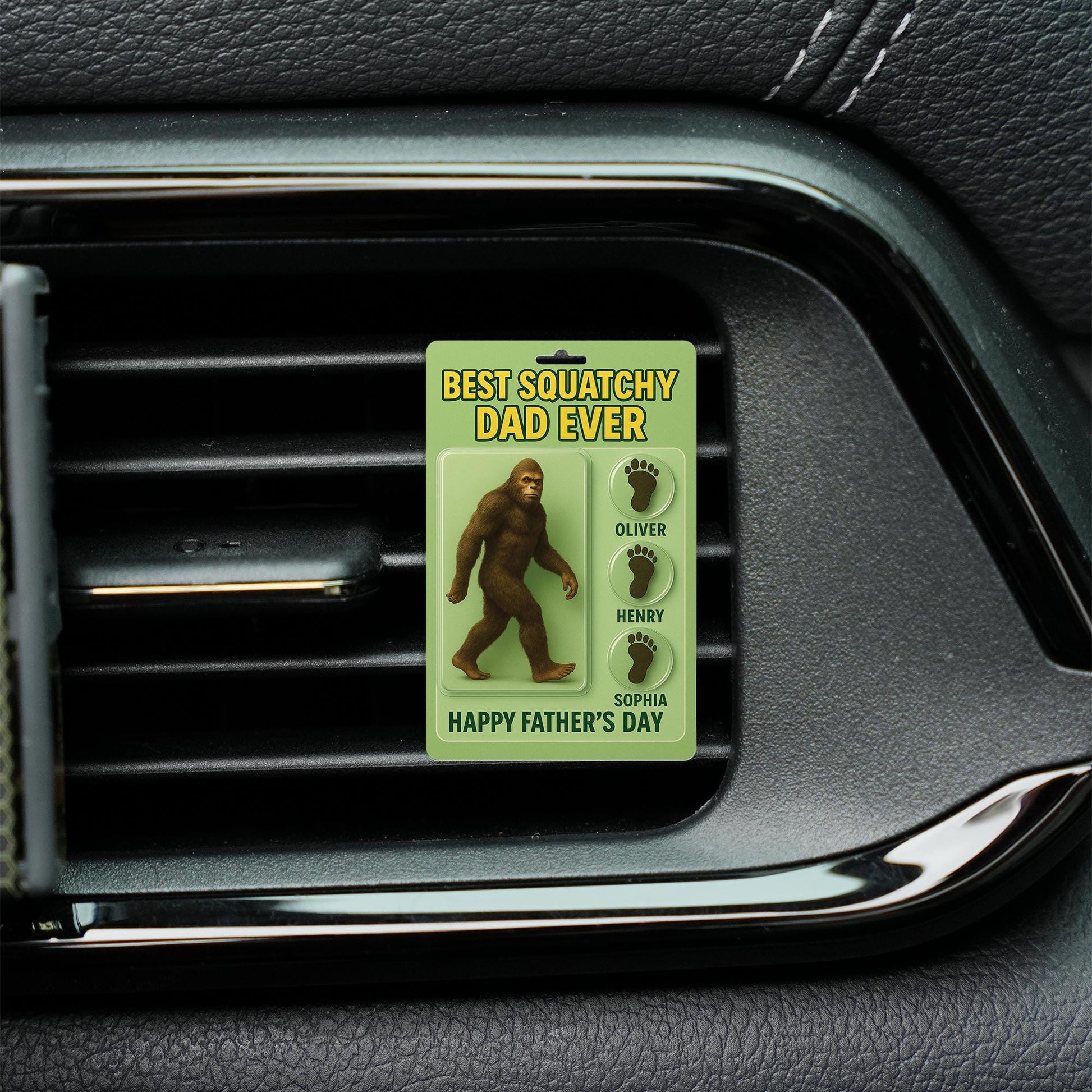 Personalized Bigfoot Car Visor Clip, Custom Names Sasquatch Dad Gift, Best Squatchy Dad Ever, Father's Day Car Accessory for Him