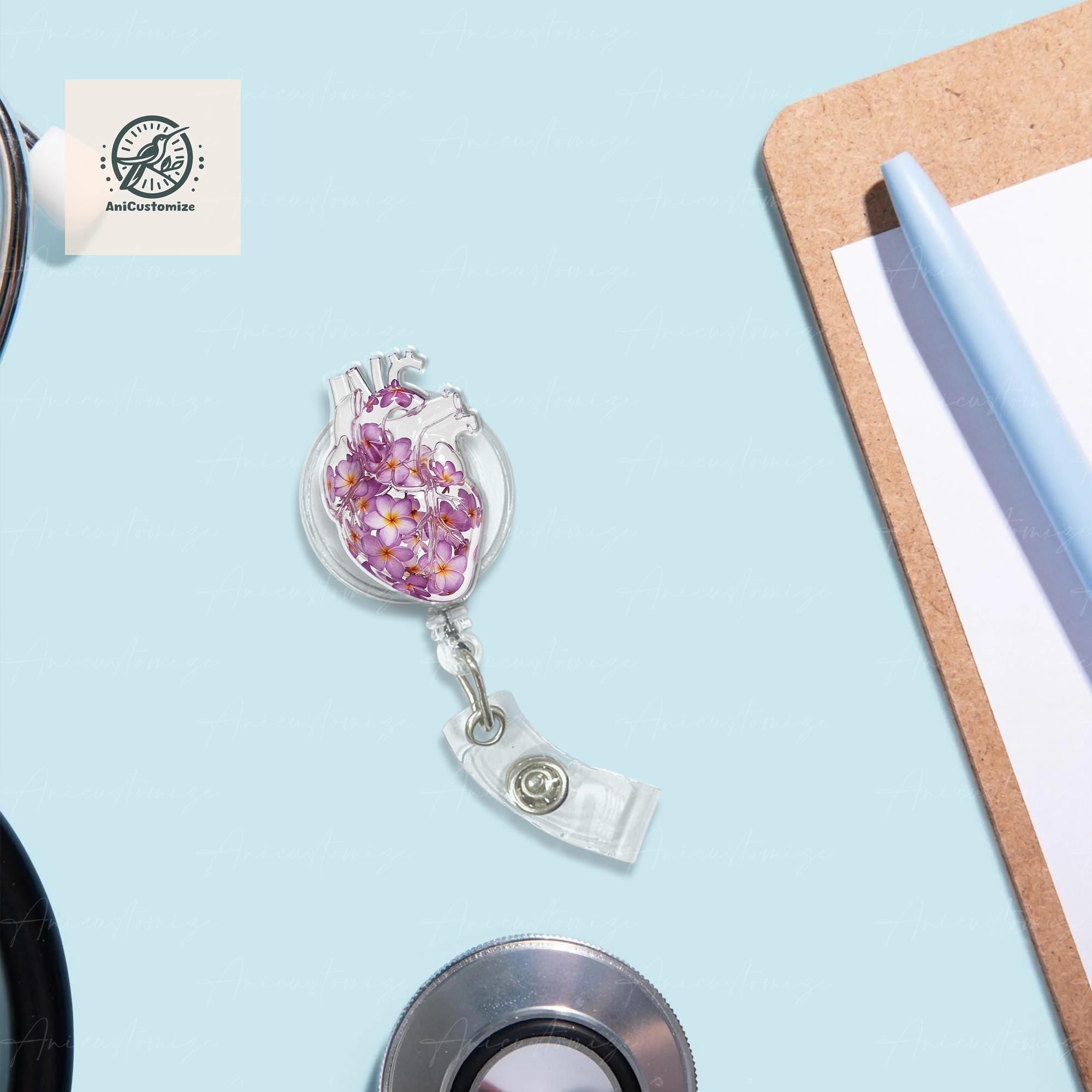Plumeria Floral Heart Badge Reel, Anatomical Heart ID Holder, Cardiac Nurse Gift, Medical Badge Clip, Nurse Badge Accessory, Floral Lanyard
