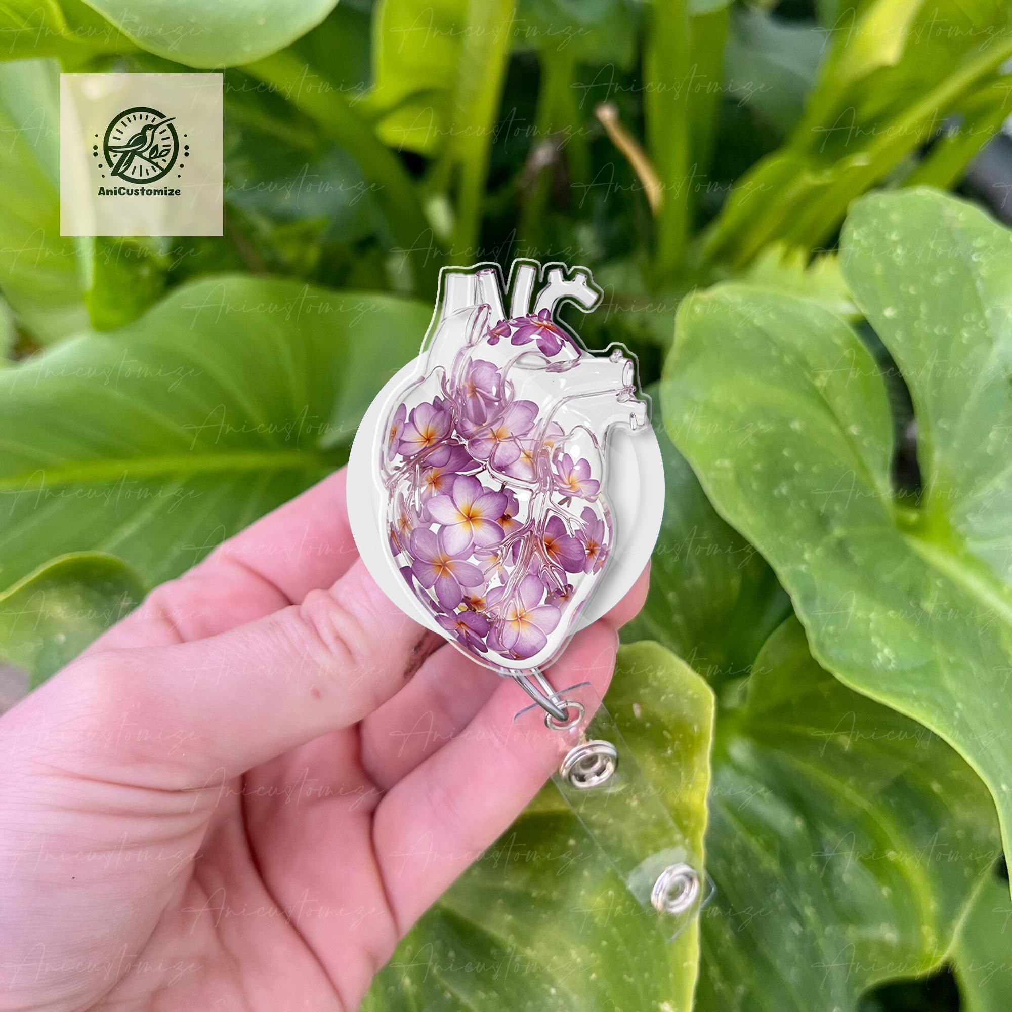 Plumeria Floral Heart Badge Reel, Anatomical Heart ID Holder, Cardiac Nurse Gift, Medical Badge Clip, Nurse Badge Accessory, Floral Lanyard